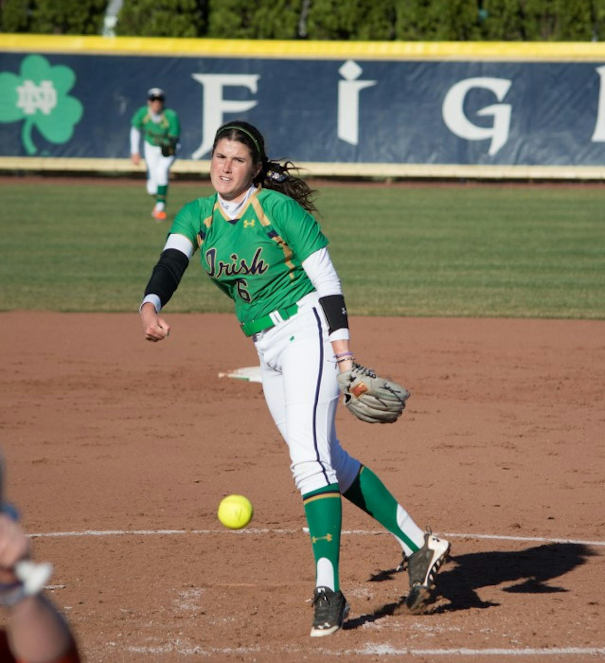 Irish junior Rachel Nasland delivers a pitch during Notre Dame’s 10-0 win over Bowling Green on Thursday at Melissa Cook Stadium.