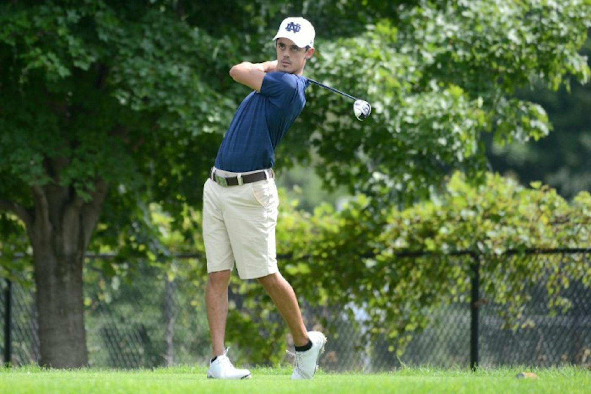 Junior Zach Toste tees off during the Notre Dame Kickoff Challenge on Aug. 31 at Warren Golf Course.