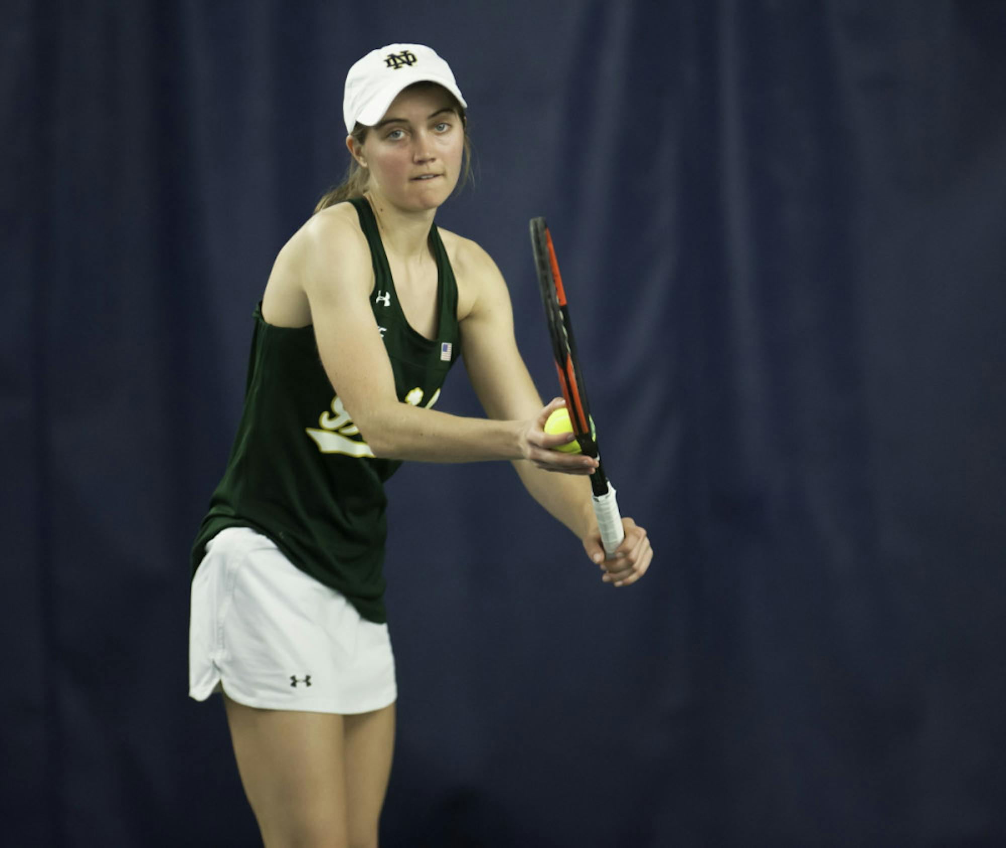 Irish senior Mary Closs prepares to serve the ball during Notre Dame's 5-2 win over Purdue on Feb. 22 at Eck Tennis Pavilion.