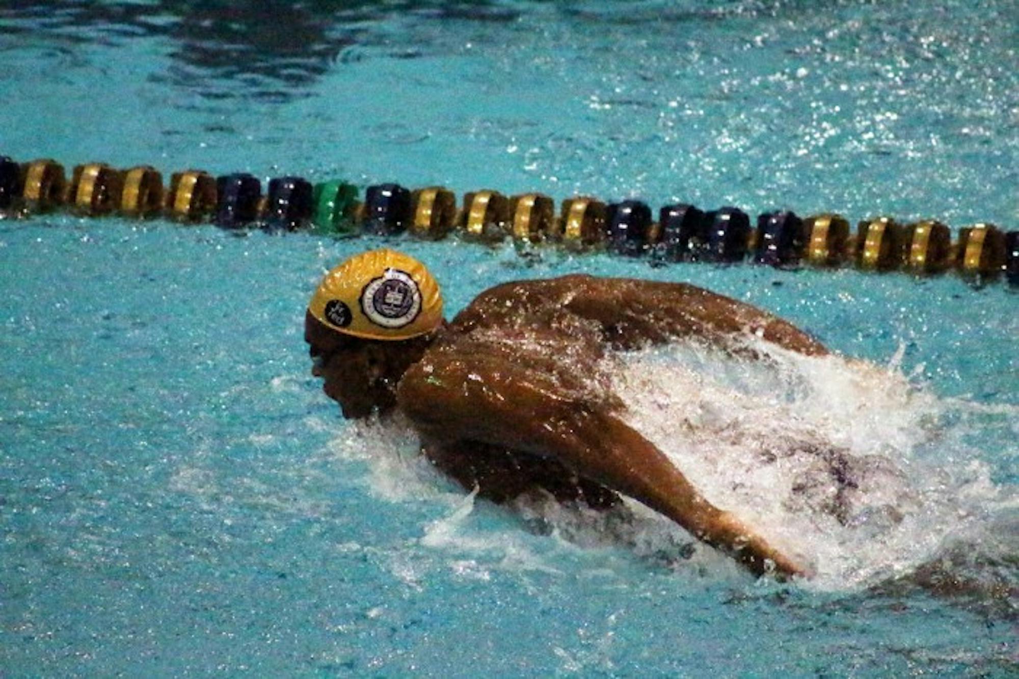 Freshman David Stewart swims the butterfly in Notre Dame’s 166-132 victory over Northwestern on Jan. 16 at Rolfs Aquatic Center. The Irish men went 1-2 this weekend in the Shamrock Invitational.
