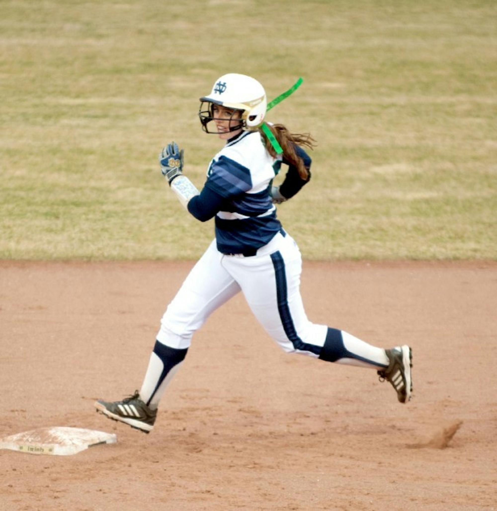 Sophomore first baseman Micaela Arizmendi  rounds second base last night against Michigan State. Arizmendi had two hits, including a homerun, and three RBIs in the Irish victory.