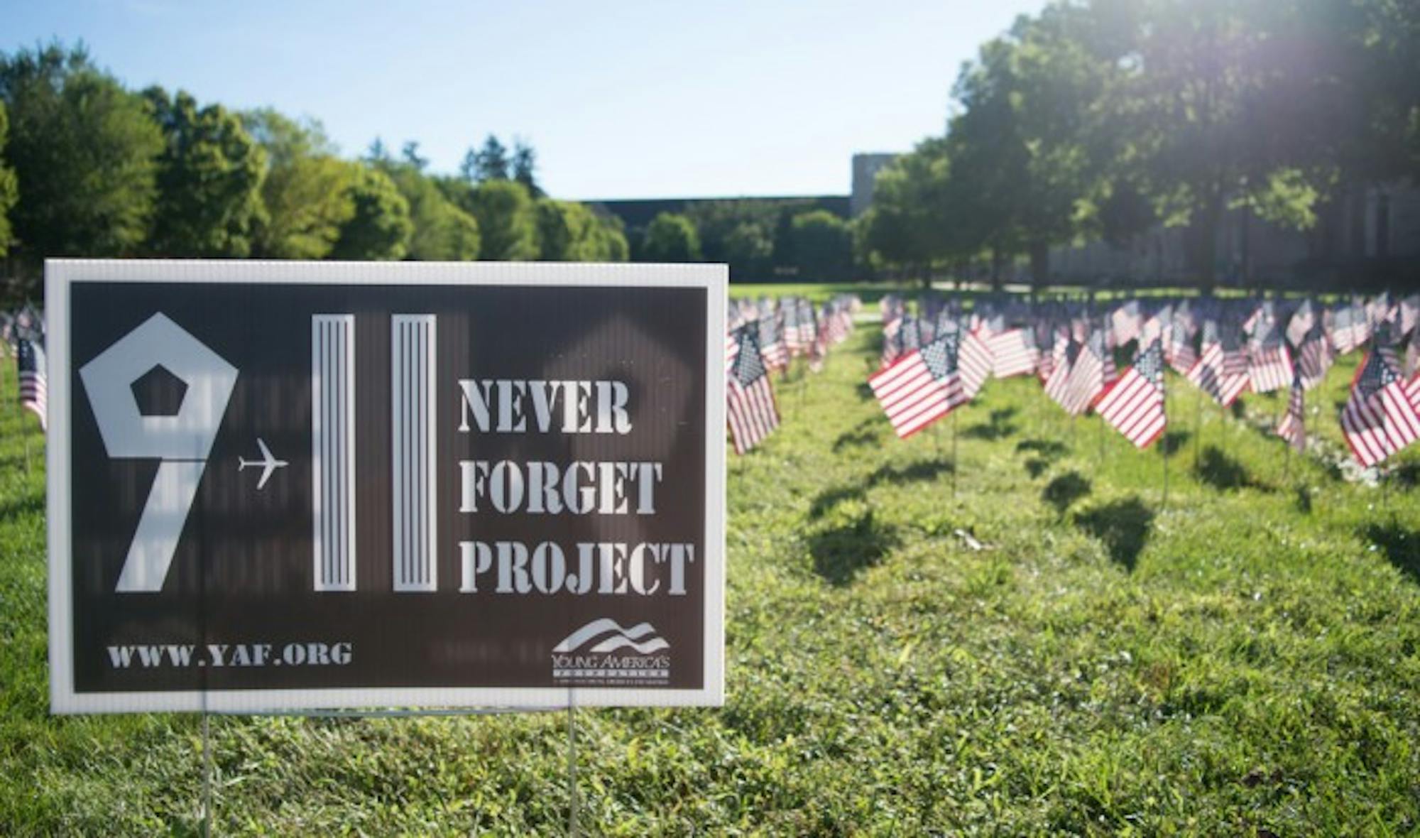 American flags were planted on South quad on Sunday, representing the 2,977 lives lost 15 years ago in the attacks on the World Trade Center in New York City, the Pentagon in Washington, D.C., and Flight 93.