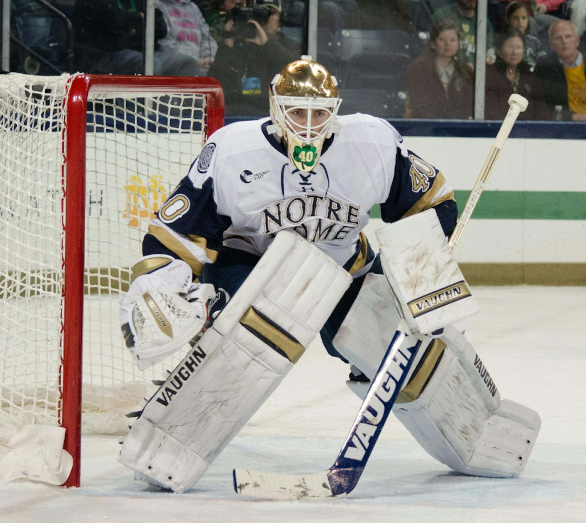 Irish freshman goaltender Cal Petersen watches game action during Notre Dame’s 3-0 loss to Minnesota Duluth on Sunday.