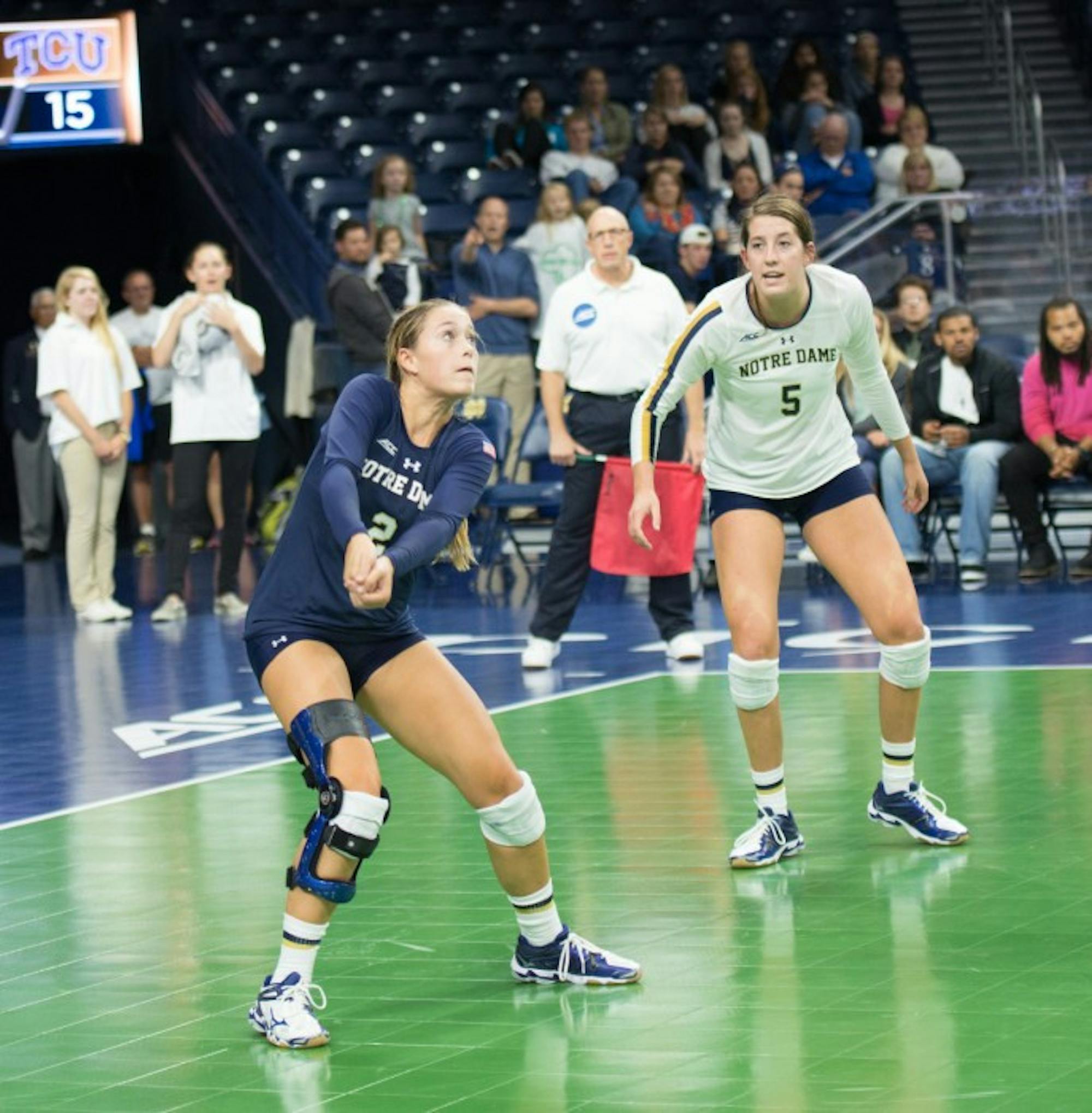 Freshman libero Natalie Johnson prepares for a hit against TCU on Friday, Sept. 12. The Irish lost to the Horned Frogs, 3-1.