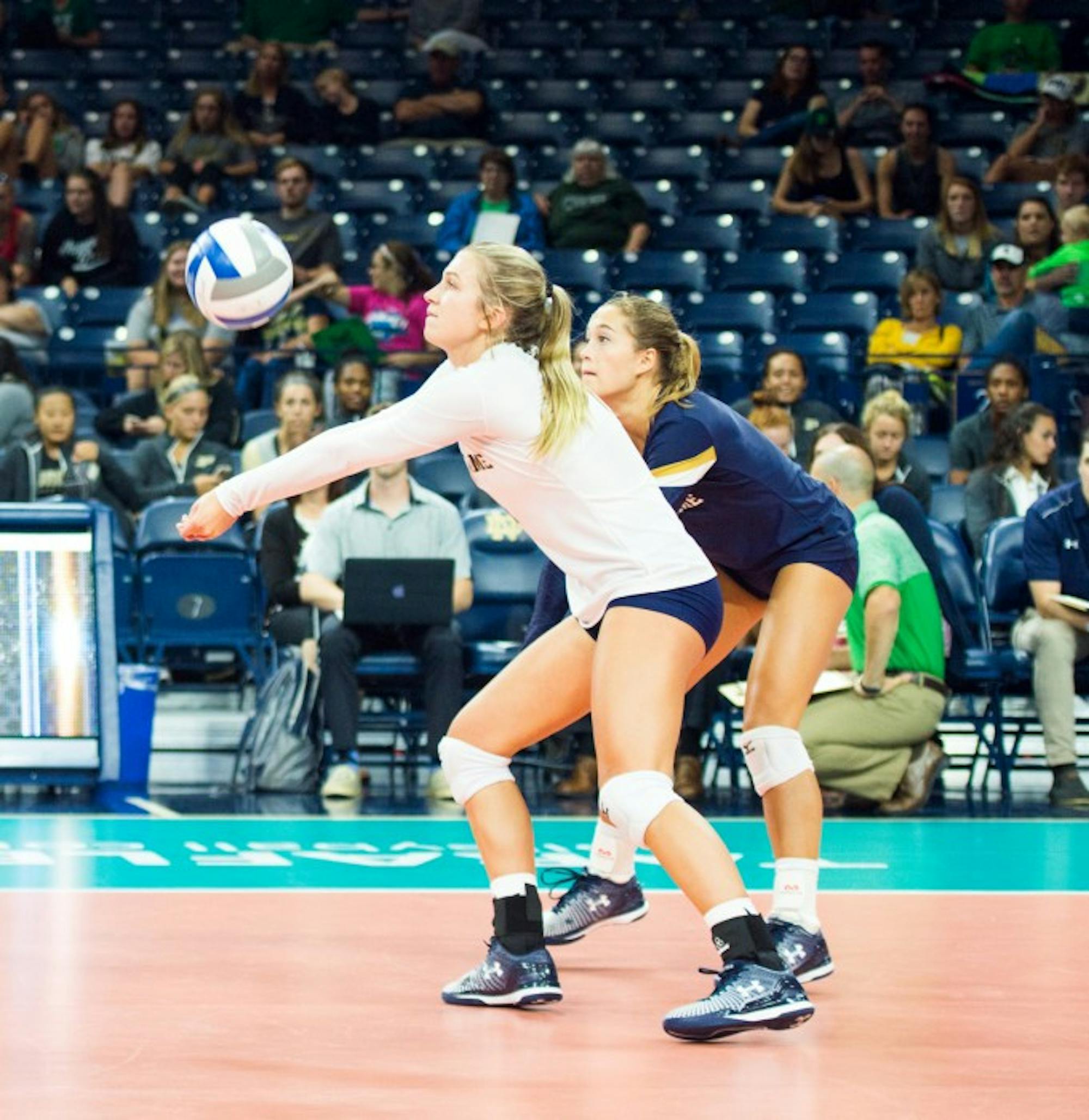 Irish  sophomore libero Ryann DeJarld passes the ball on Aug. 2 at Purcell Pavilion.
