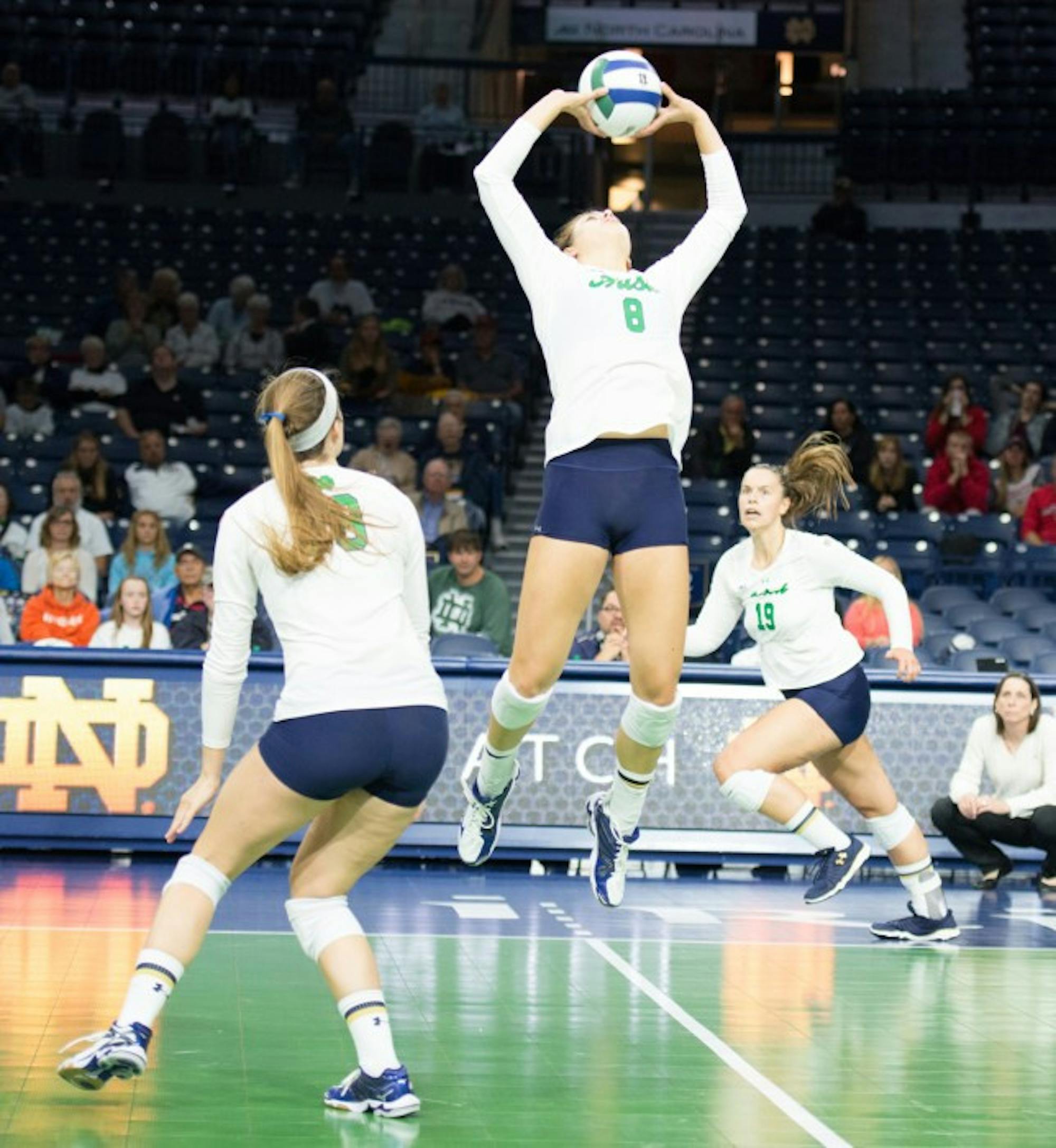 Irish freshman Maddie Dilfer goes up for the set during Notre Dame's 3-1 win over Northeastern on Sept. 13.