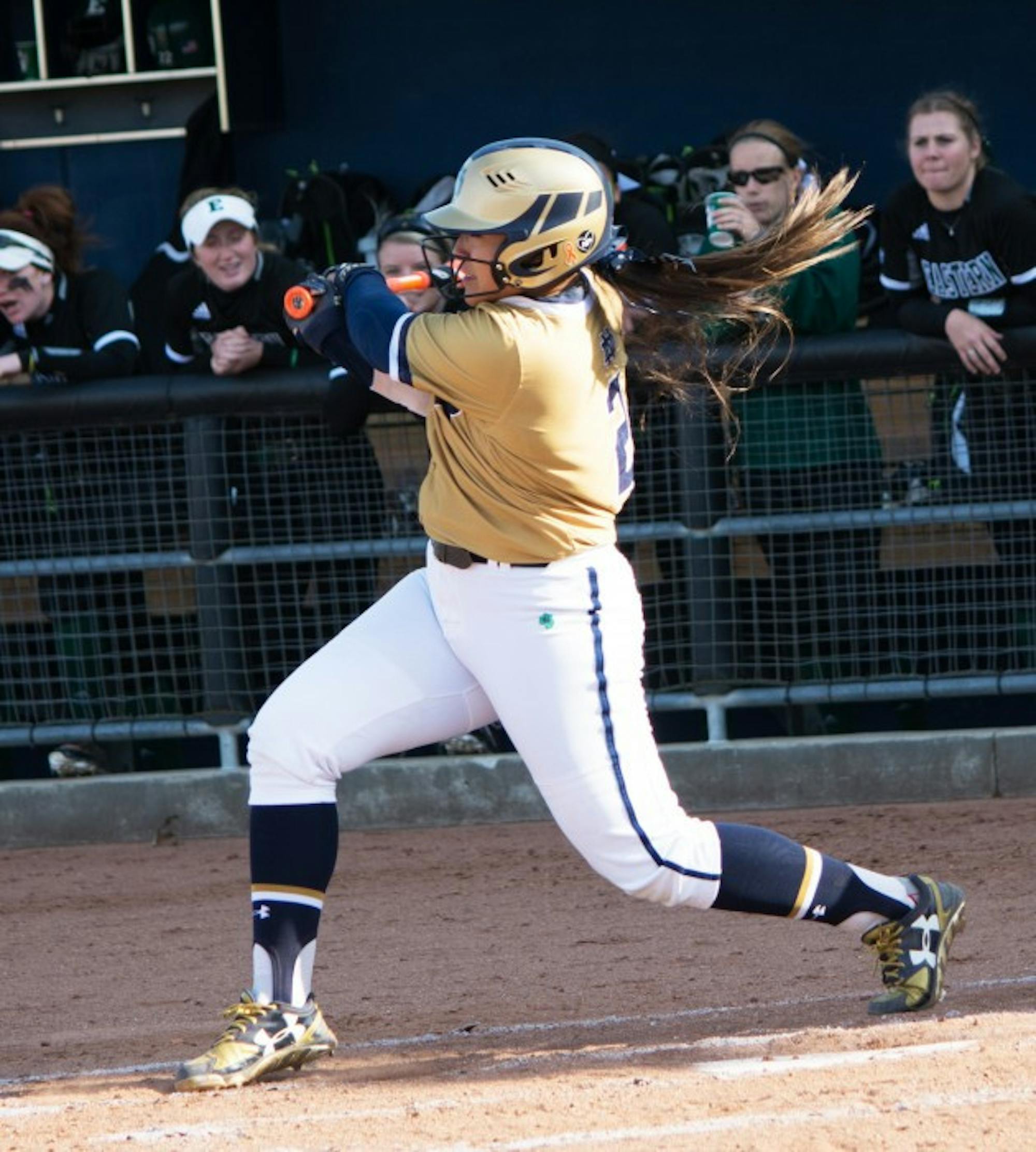 Irish senior first baseman Micaela Arizmendi swings at a pitch during Notre Dame’s 10-2 win over Eastern Michigan on March 22.