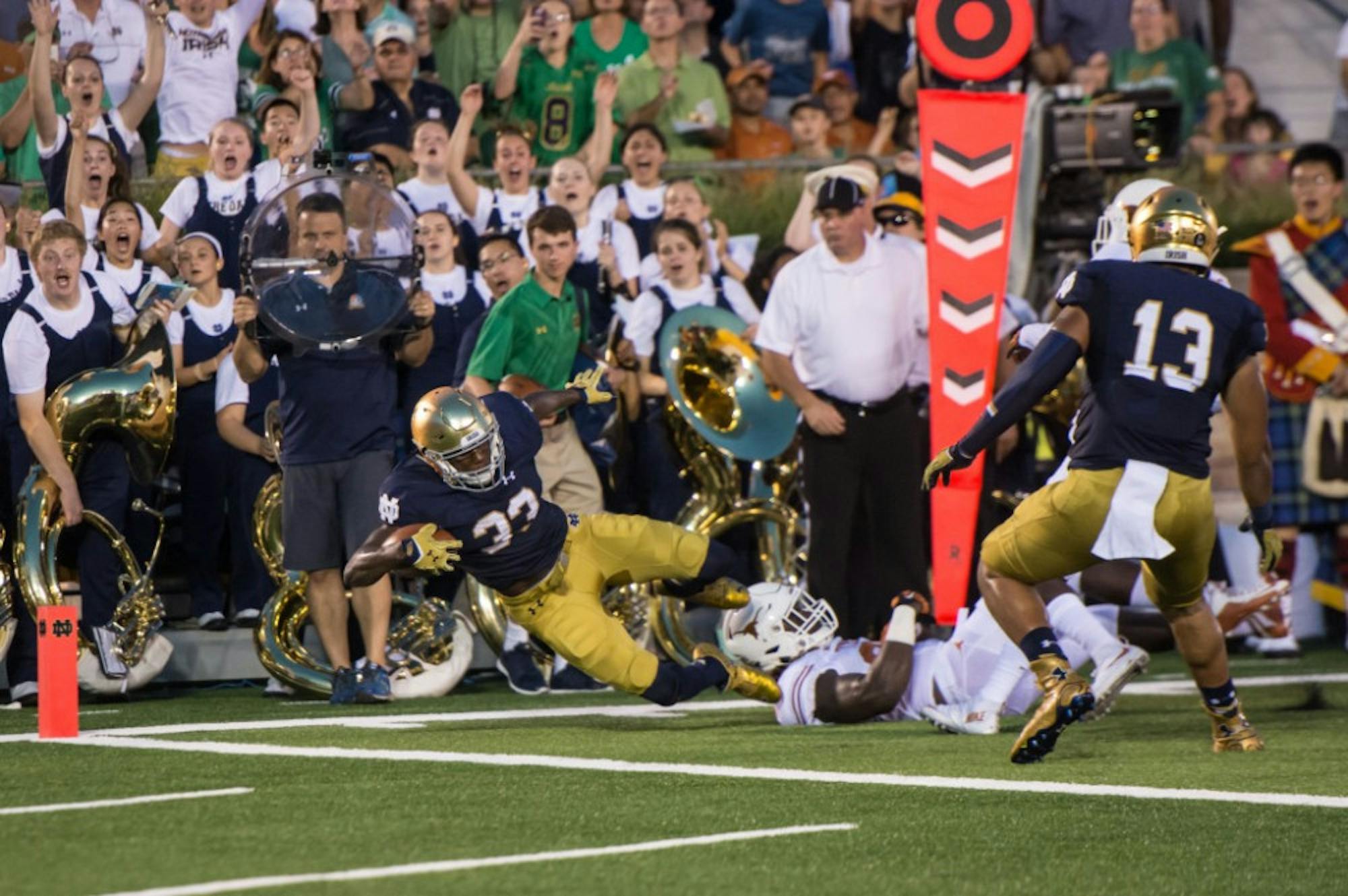 Irish freshman running back Josh Adams dives for the goal line during Notre Dame's 38-3 win over Texas on Sept. 5 at Notre Dame Stadium.