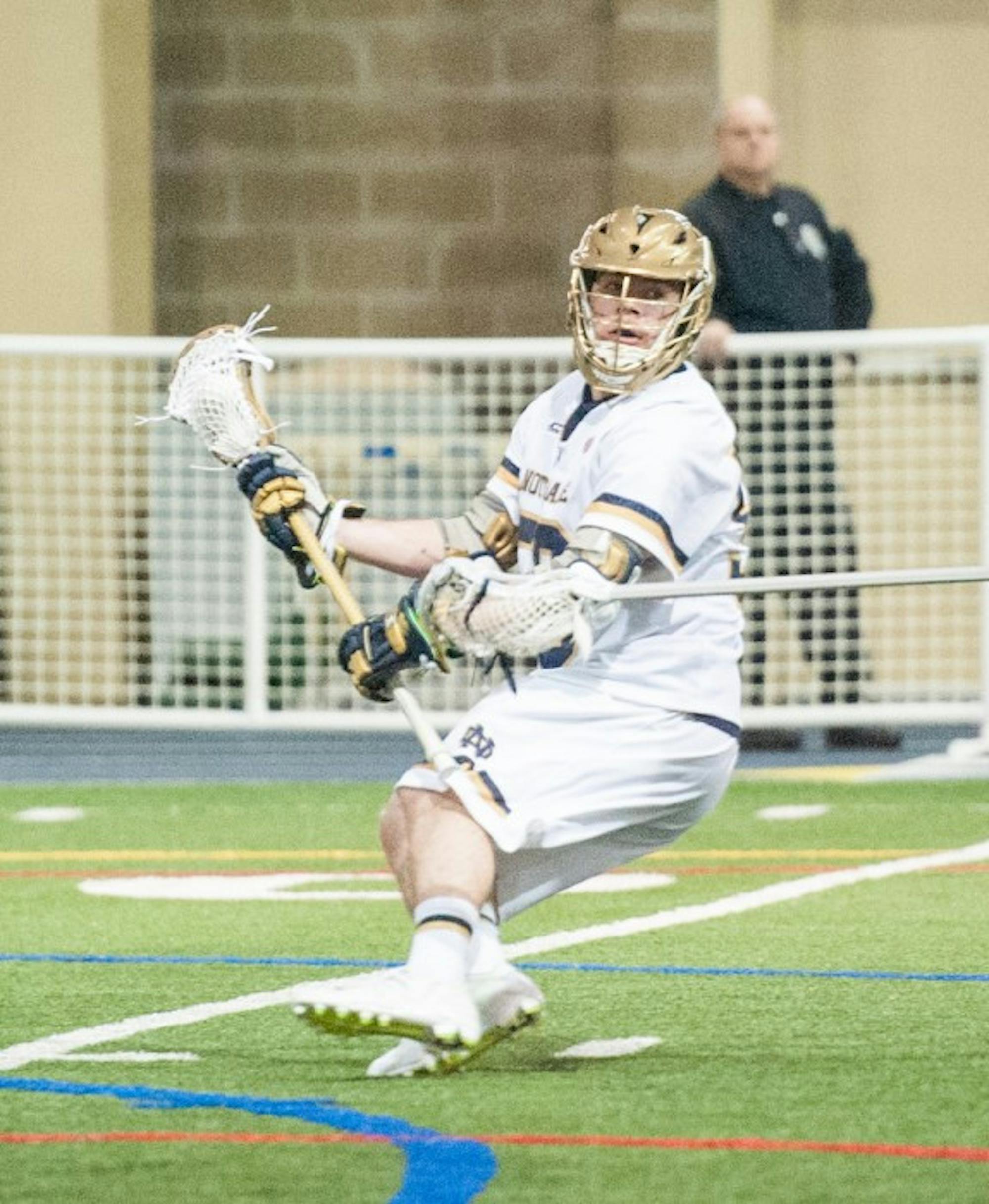Notre Dame junior attack Matt Kavanaugh lines up to shoot at Loftus Sports Center on February  14 against Georgetown.