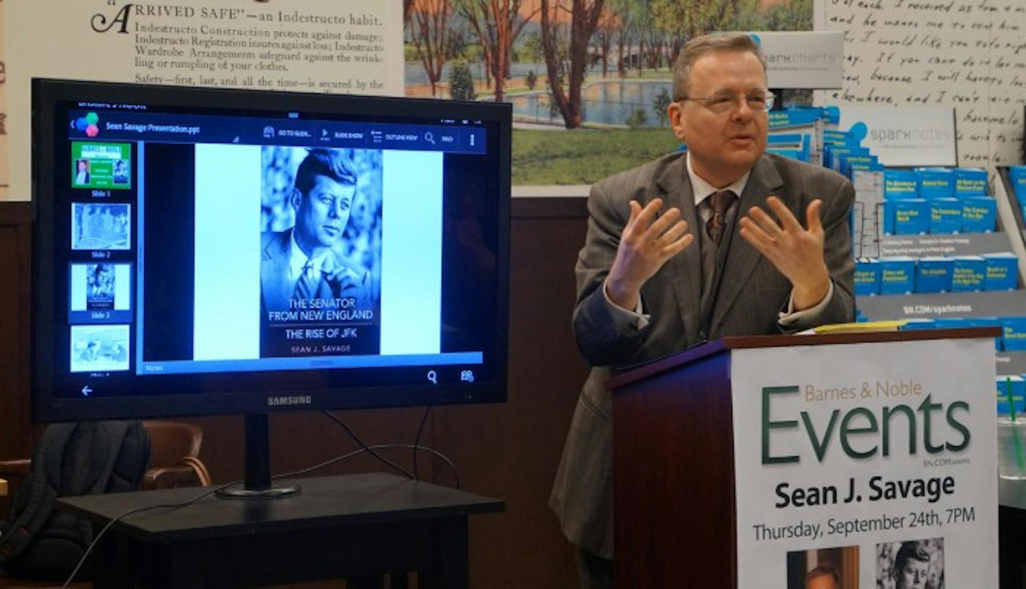 Saint Mary’s professor of political science Sean Savage speaks about his new book focusing on the life and political career of John F. Kennedy on Thursday at the Barnes and Noble in University Park Mall.