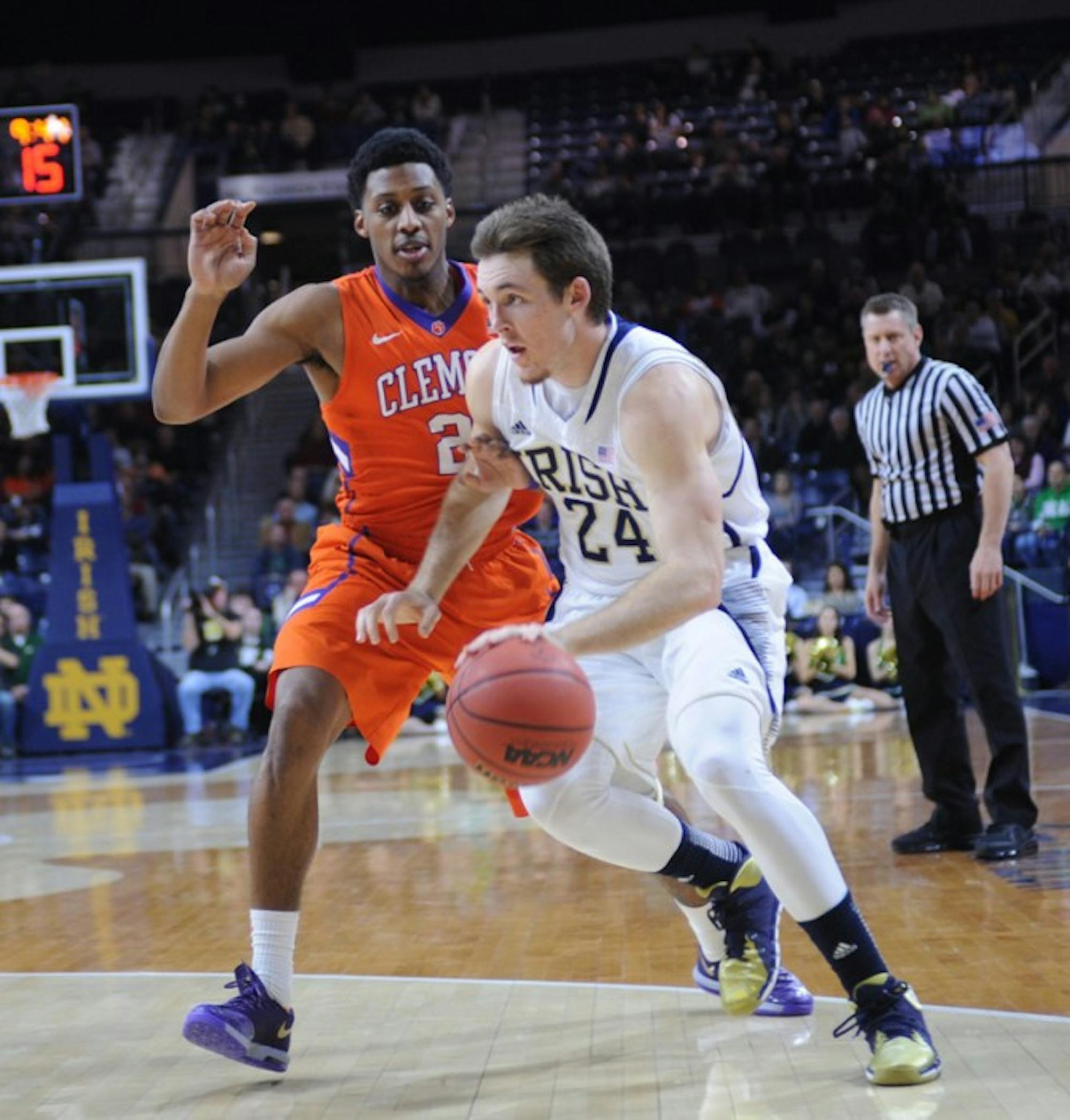 Irish junior forward Pat Connaughton drives to the basket during Notre Dame's 68-64 win against Clemson on Feb. 11.