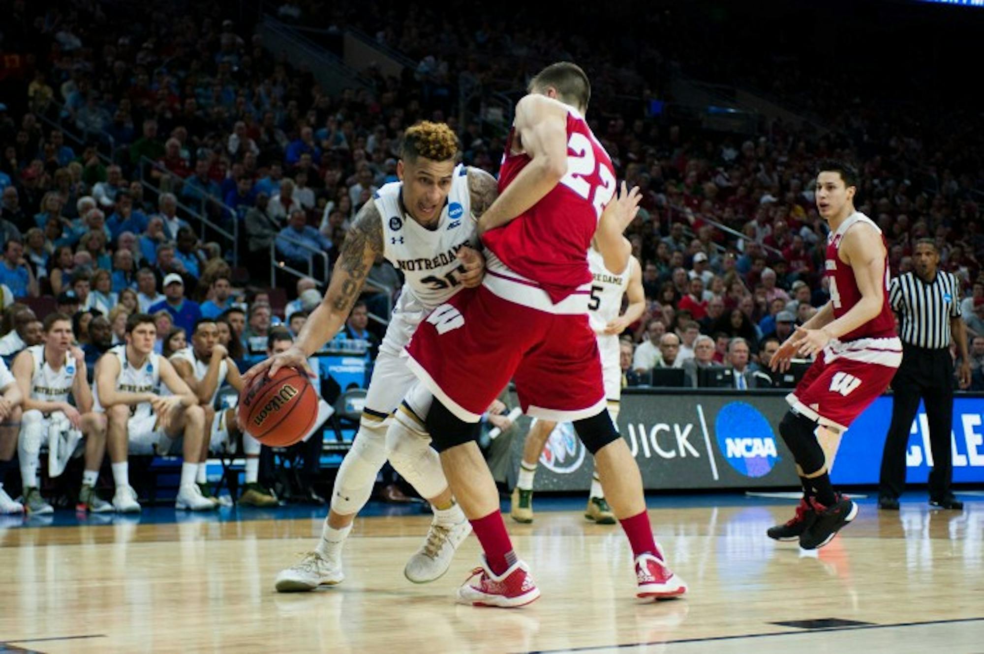 Irish senior forward Zach Auguste looks to score during Notre Dame’s 61-56 win over Wisconsin on March 25.