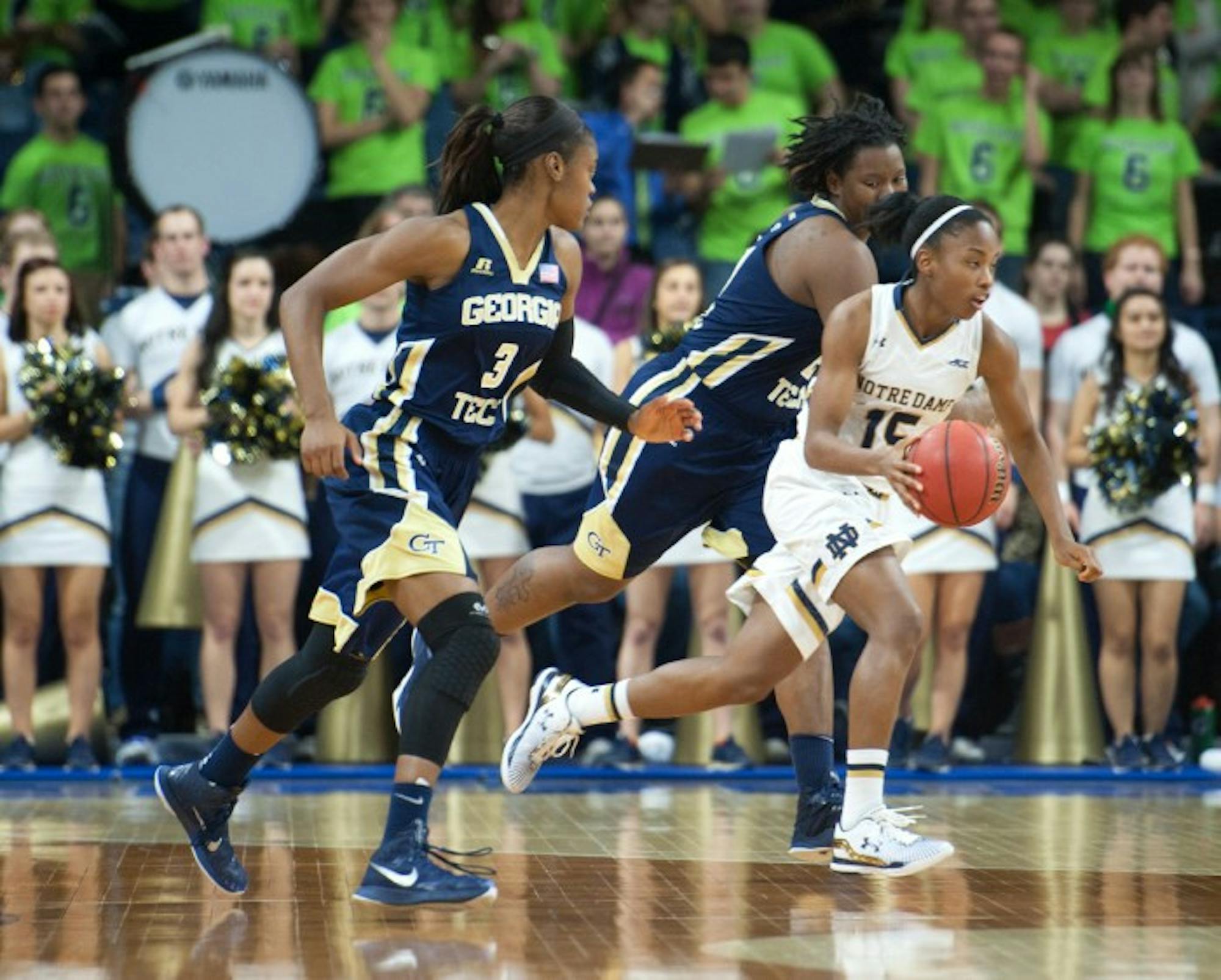 Irish sophomore guard Lindsay Allen pushes the ball up the court during Notre Dame's 89-76 win over Georgia Tech on Thursday at Purcell Pavilion.