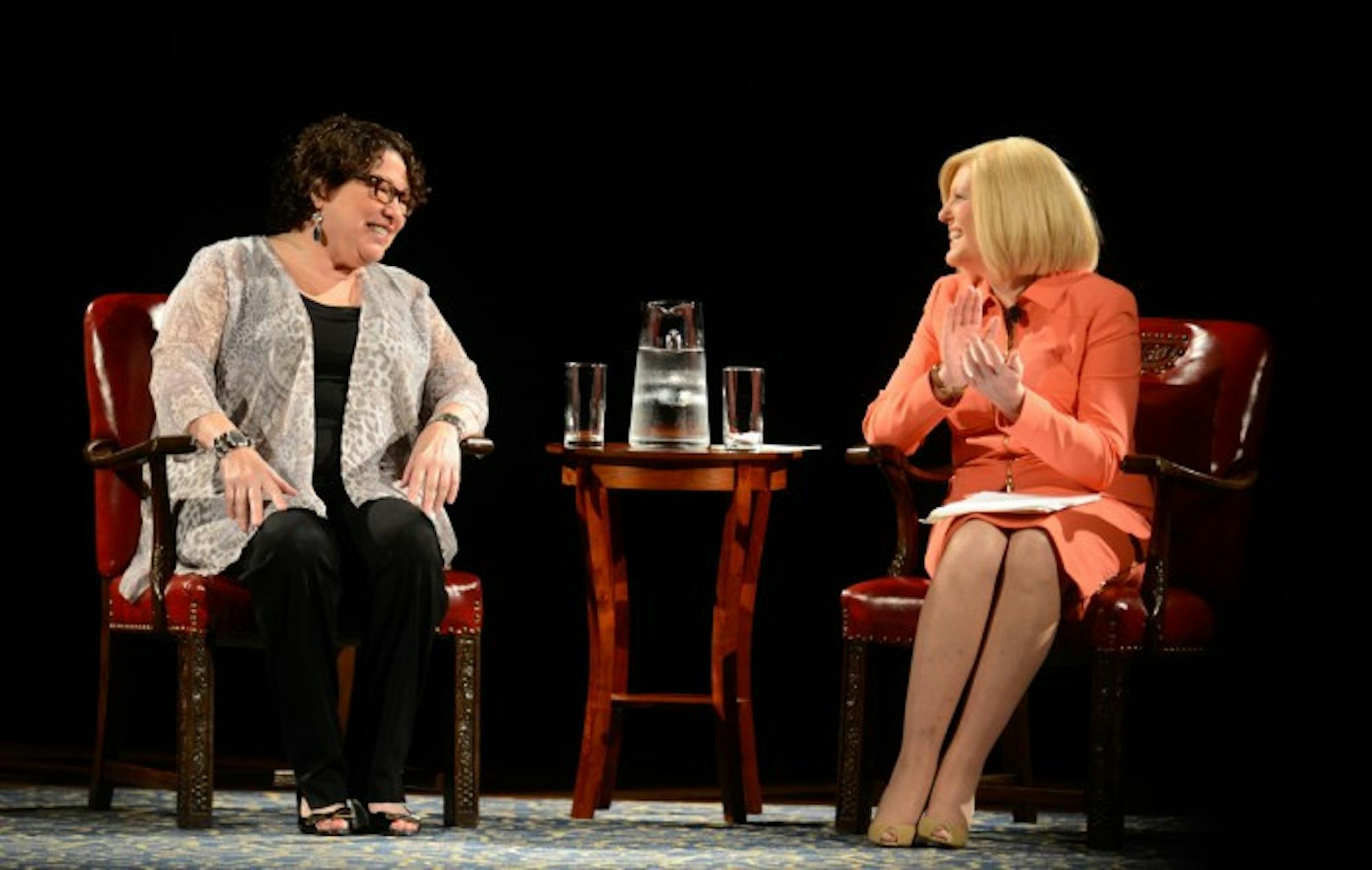 Supreme Court Justice Sonia Sotomayor, left, converses with NBC news correspondent Anne Thompson, a member of the Notre Dame class of 1979, on Wednesday night in the DeBartolo Performing Arts Center.