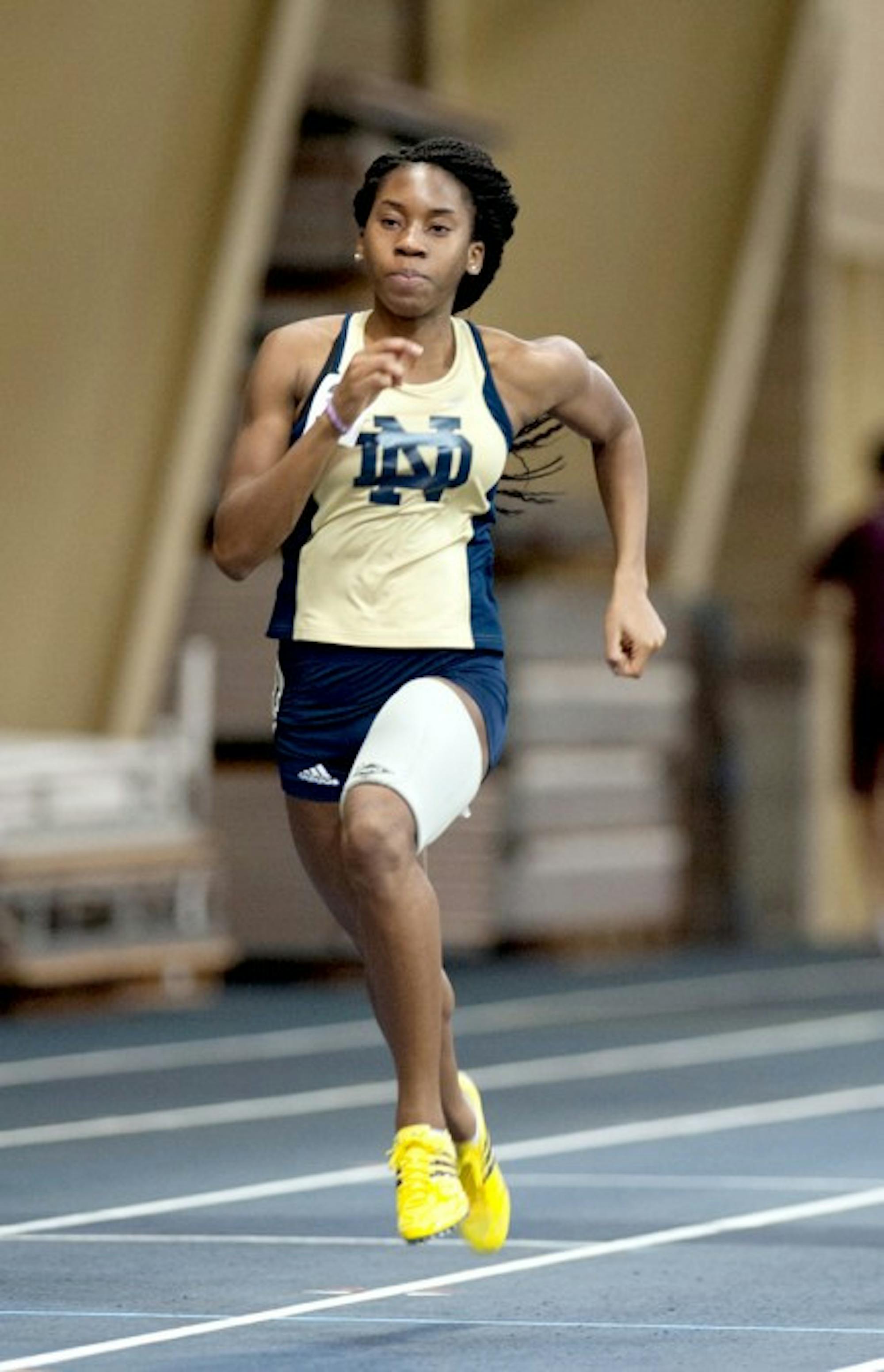 Irish sophomore sprinter Margaret Bamgbose dashes to the finish line during the Notre Dame Invitational on Jan. 25.
