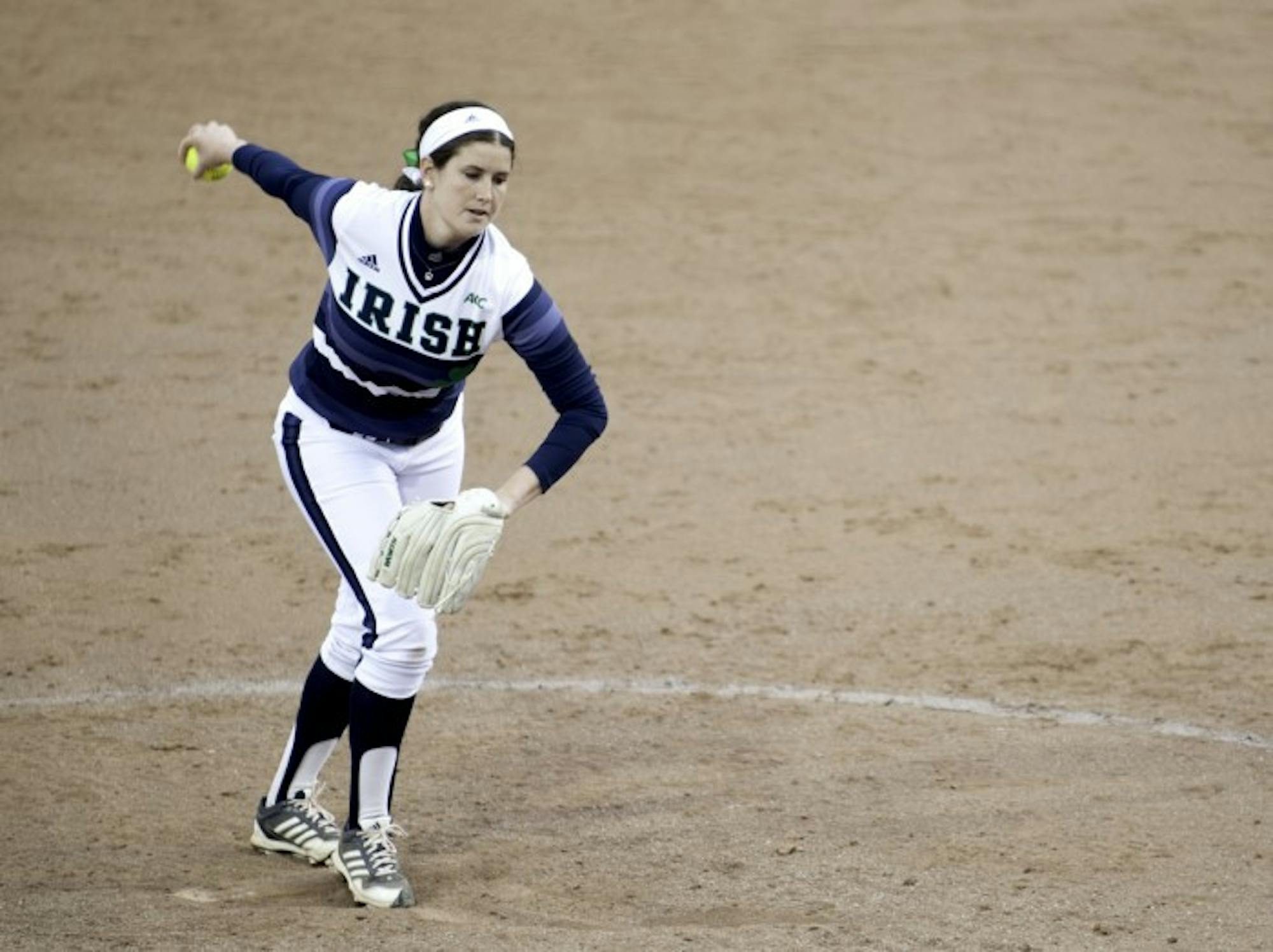 Irish sophomore pitcher Rachel Nasland winds up in Notre Dame’s 11-4 victory over Michigan State on April 2 at Melissa Cook Stadium.