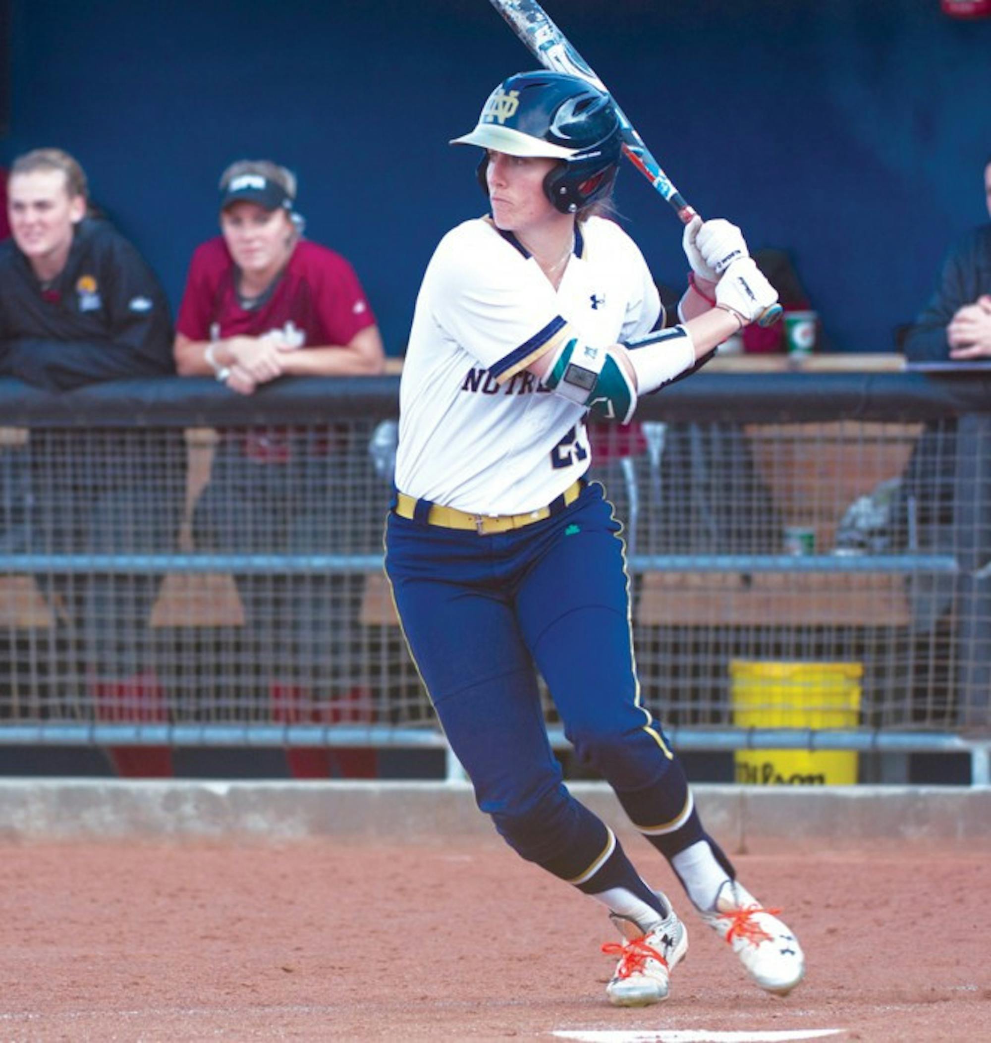 Irish senior center fielder Karley Wester waits for a pitch during Notre Dame’s 13-4 win over IUPUI on April 12.