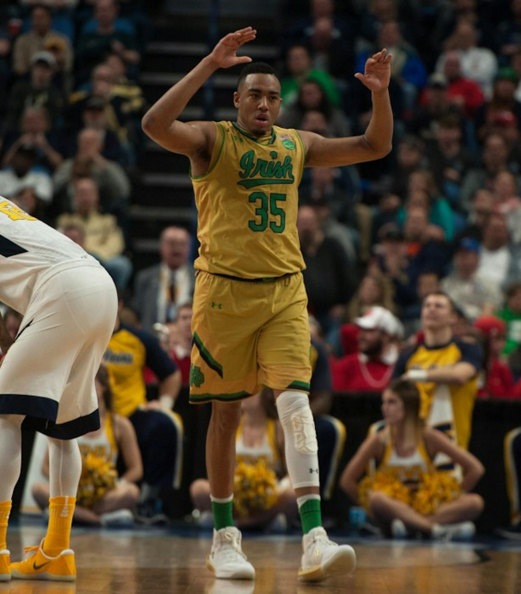 Irish senior forward Bonzie Colson pumps up the crowd during Notre Dame’s 83-71 loss to West Virginia on March 18.