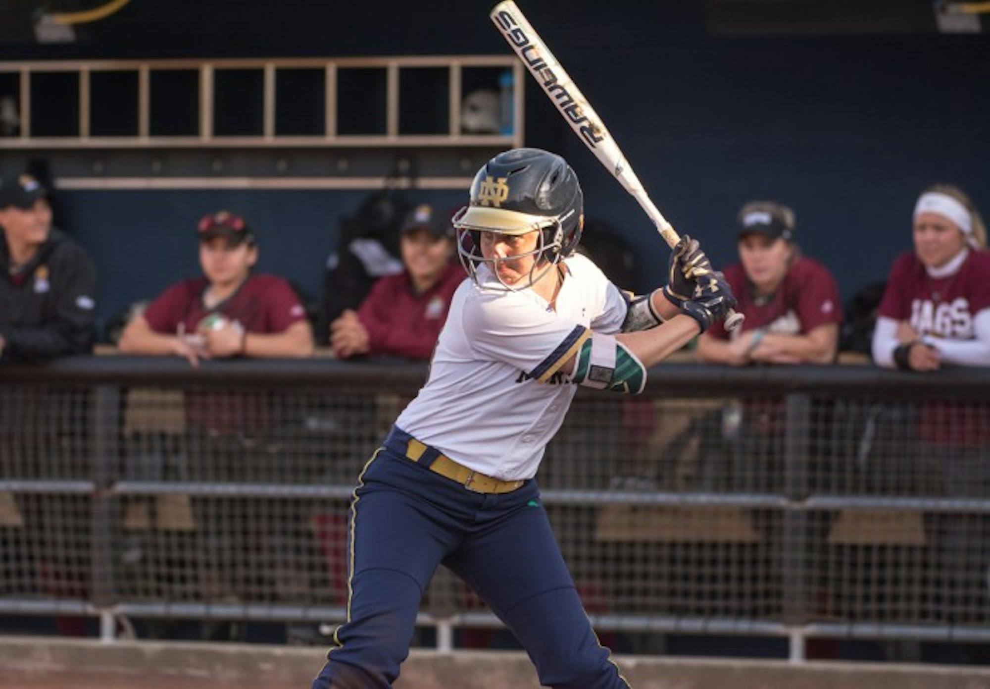 Irish junior shortstop Morgan Reed awaits a pitch during Notre Dame's 13-4 win over IUPUI on April 12 at Melissa Cook Stadium.
