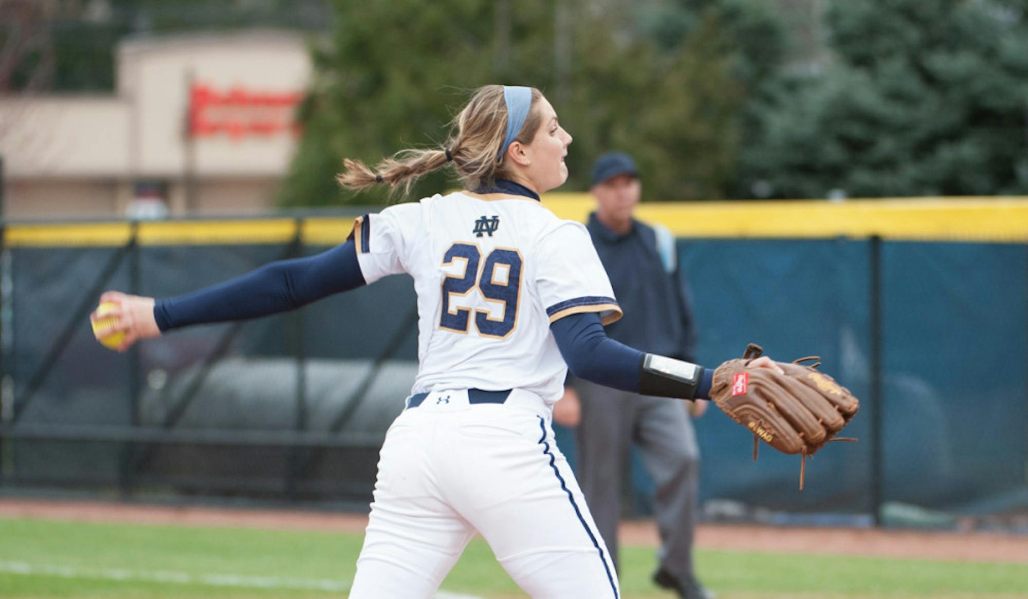 Irish junior pitcher Katie Beriont throws a pitch during Notre Dame’s 1-0 win over Eastern Michigan on March 29.