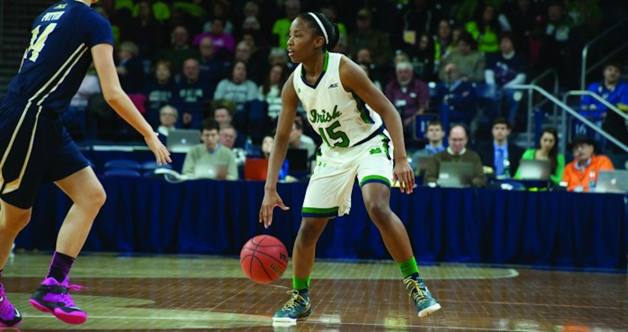Irish sophomore guard Lindsay Allen surveys the court during Notre Dame's win over Pittsburgh on Feb. 23.