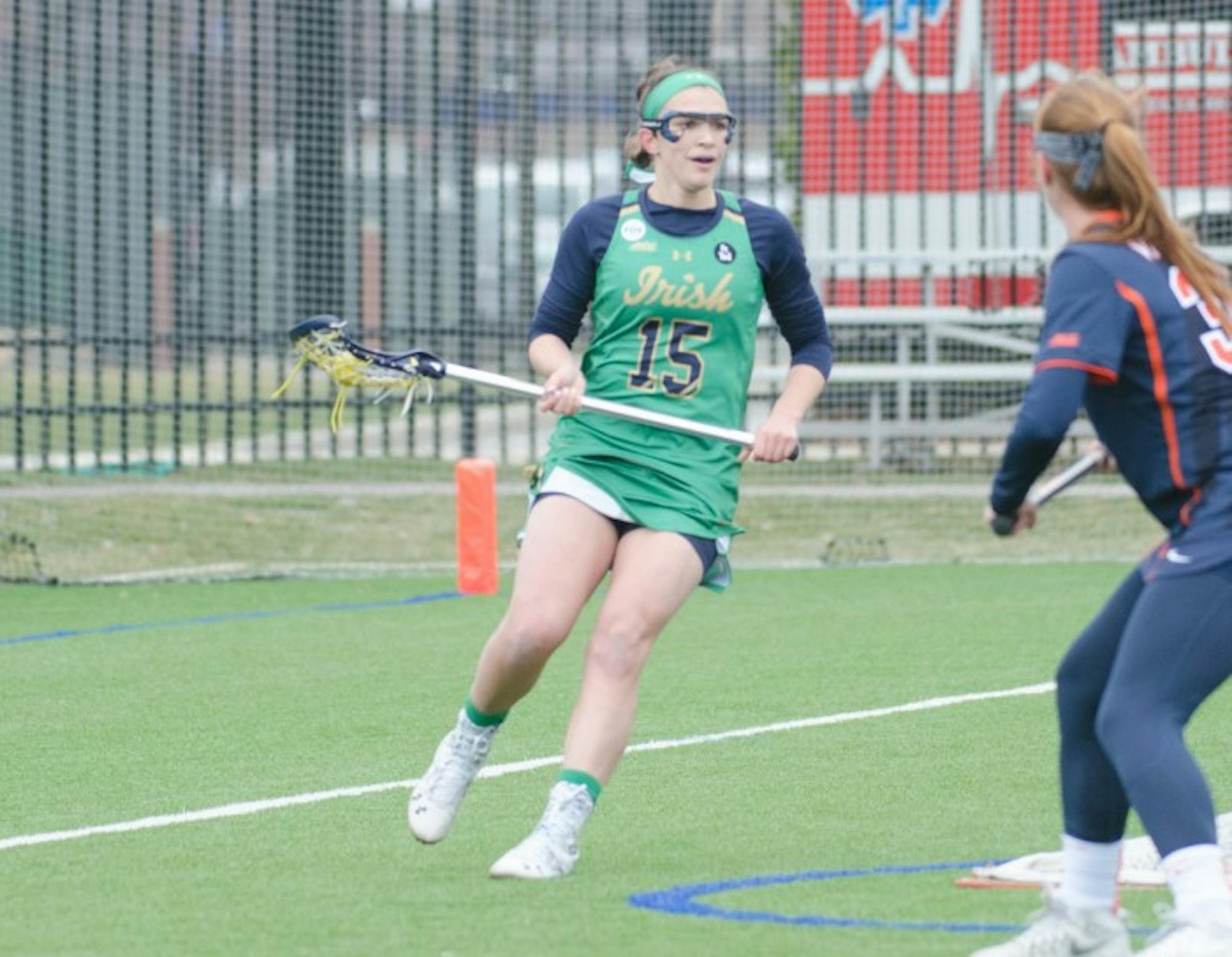 Senior attack Cortney Fortunato surveys the field during Notre Dame's 16-4 victory over Virginia on March 19, 2016 at Arlotta Stadium.