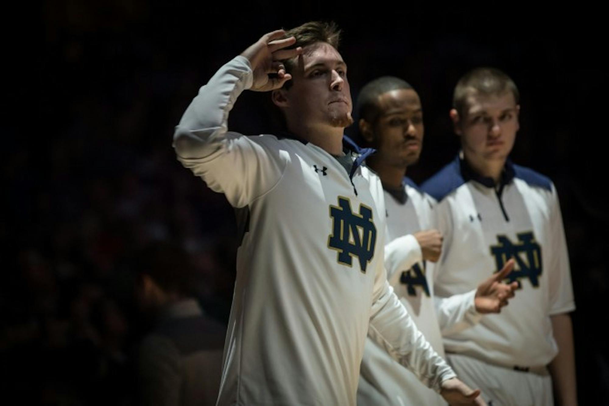 Irish senior captain Pat Connaughton greets his teammates during introductions before Wednesday's game.