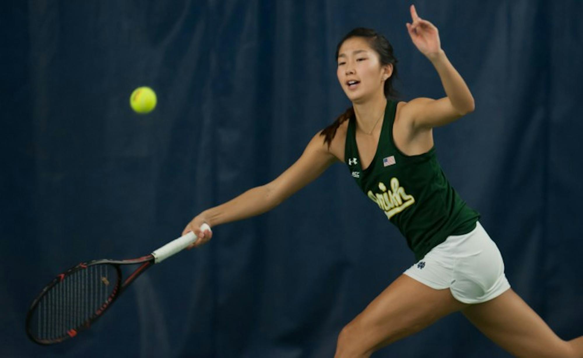 Irish junior Rachel Chong stretches to return the ball during Notre Dame’s 5-2 victory over Purdue on Feb. 22 at Eck Tennis Pavilion. Chong went undefeated during play in her last event, the Wildcat Invitational. She went 17-8 overall last year with a 7-4 record in ACC play.