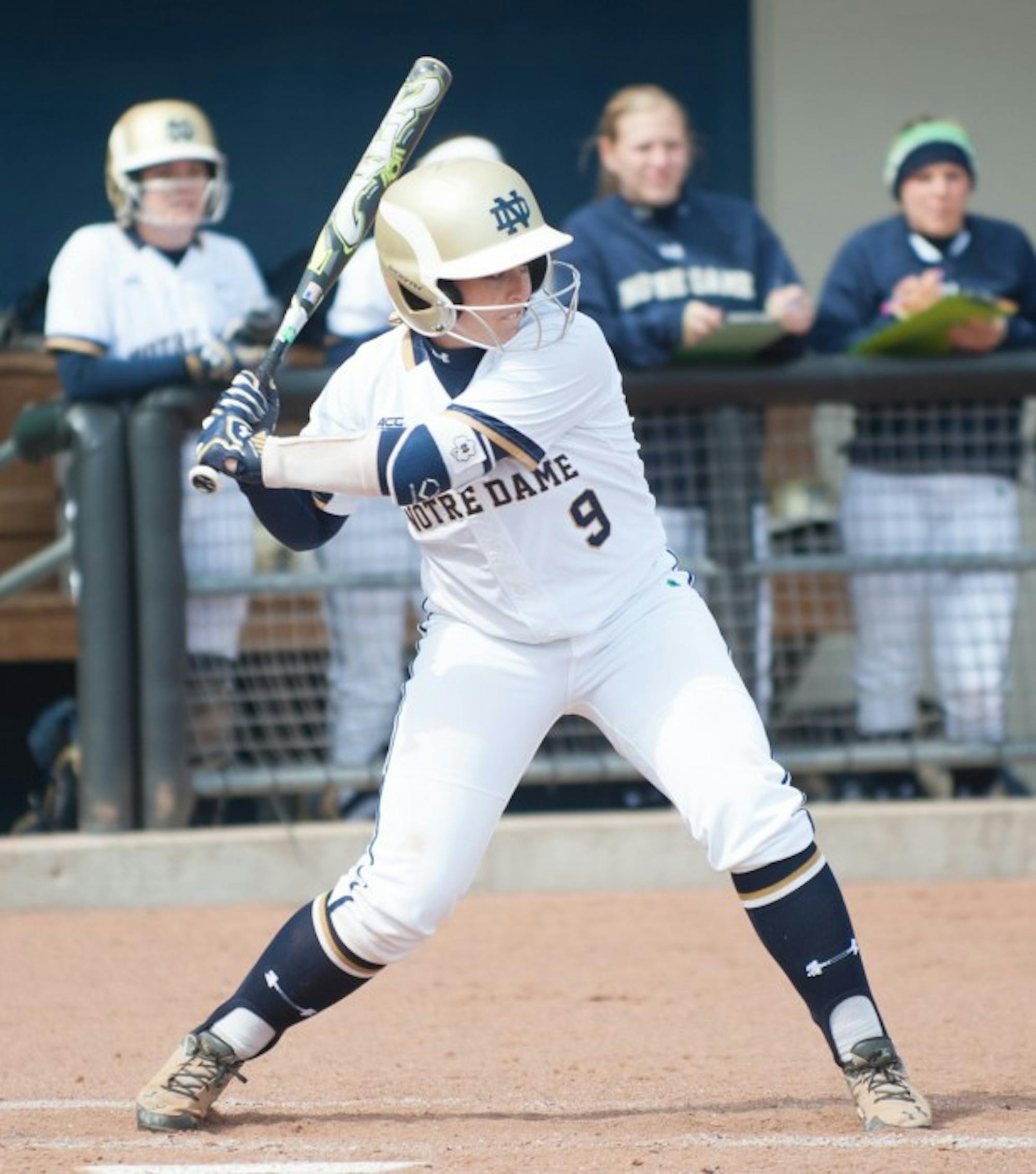Irish senior third baseman Katey Haus waits for a pitch in Notre Dame’s 6-1 win over Georgia Tech on Saturday at Melissa Cook Stadium. Haus had one RBI in the victory.