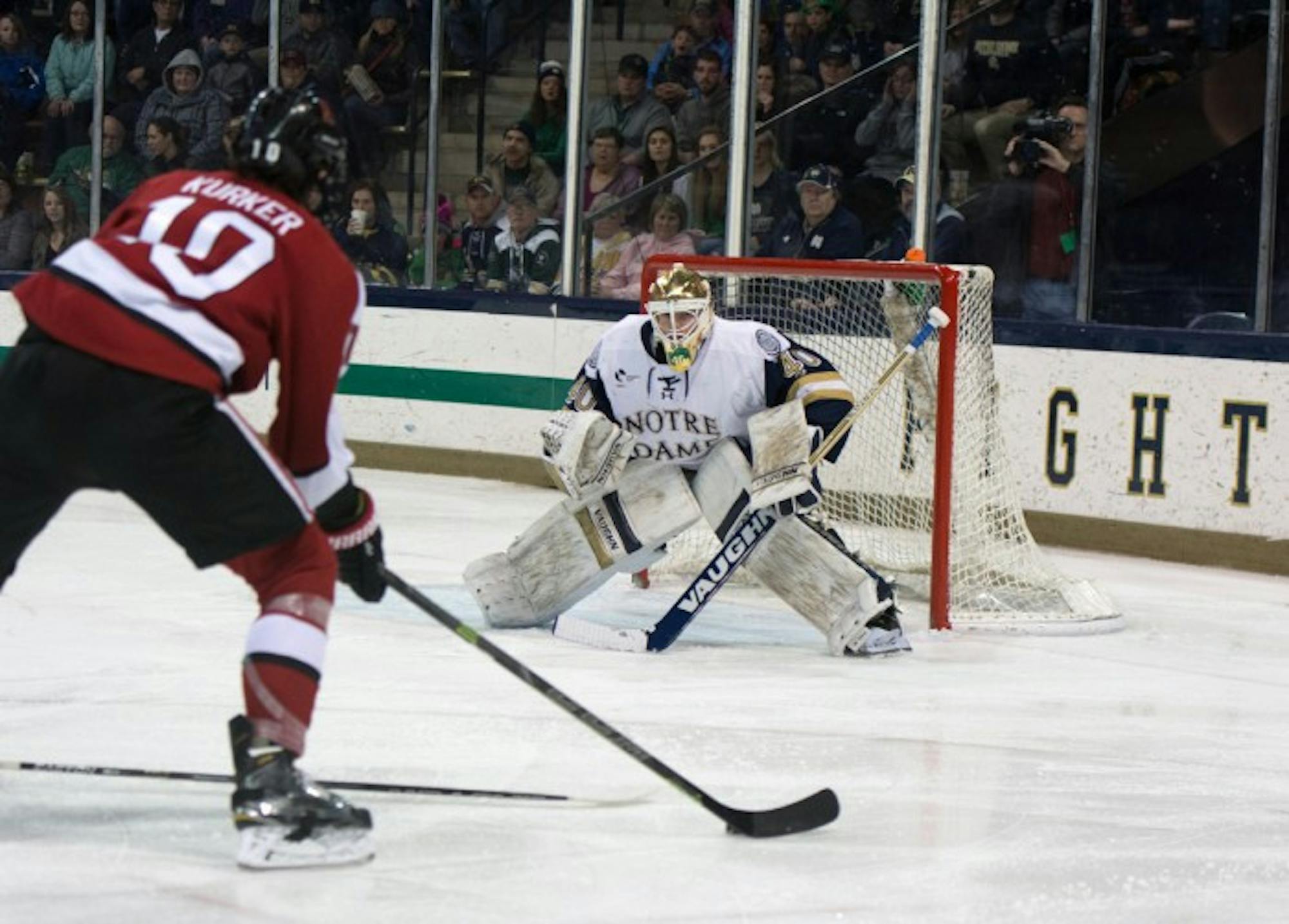 Sophomore goaltender Cal Petersen guards the net during Notre Dame’s 6-4 loss to Northeastern in the Hockey East Tournament on March 12. Petersen made 28 saves on the day.