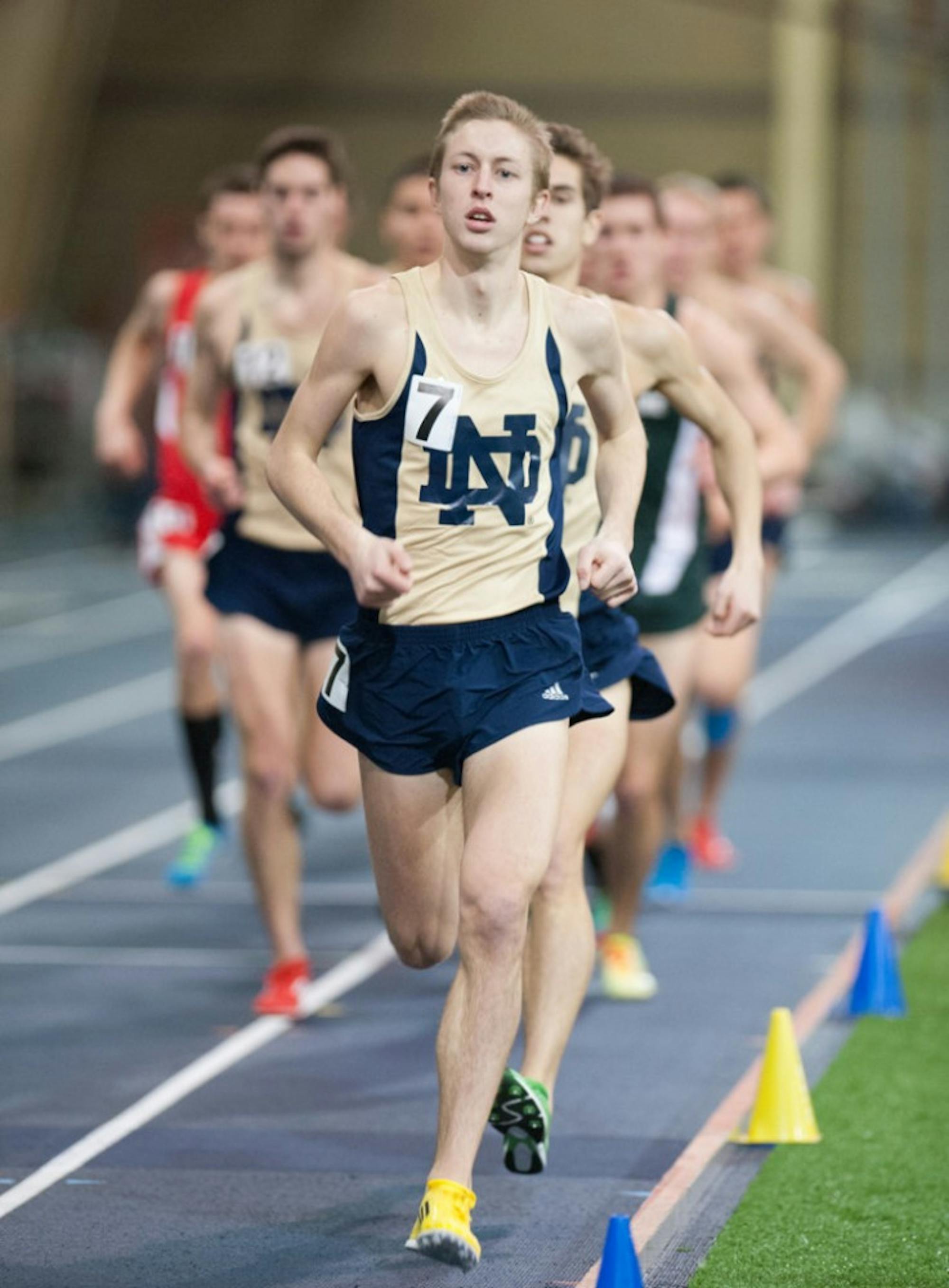 Graduate student Nick Happe runs in the Notre Dame Invitational on January 25, 2014 at Loftus Sports Center. Happe finished fourth in the 3,000-meter run at the Husky Classic on Saturday in Seattle, Wa.