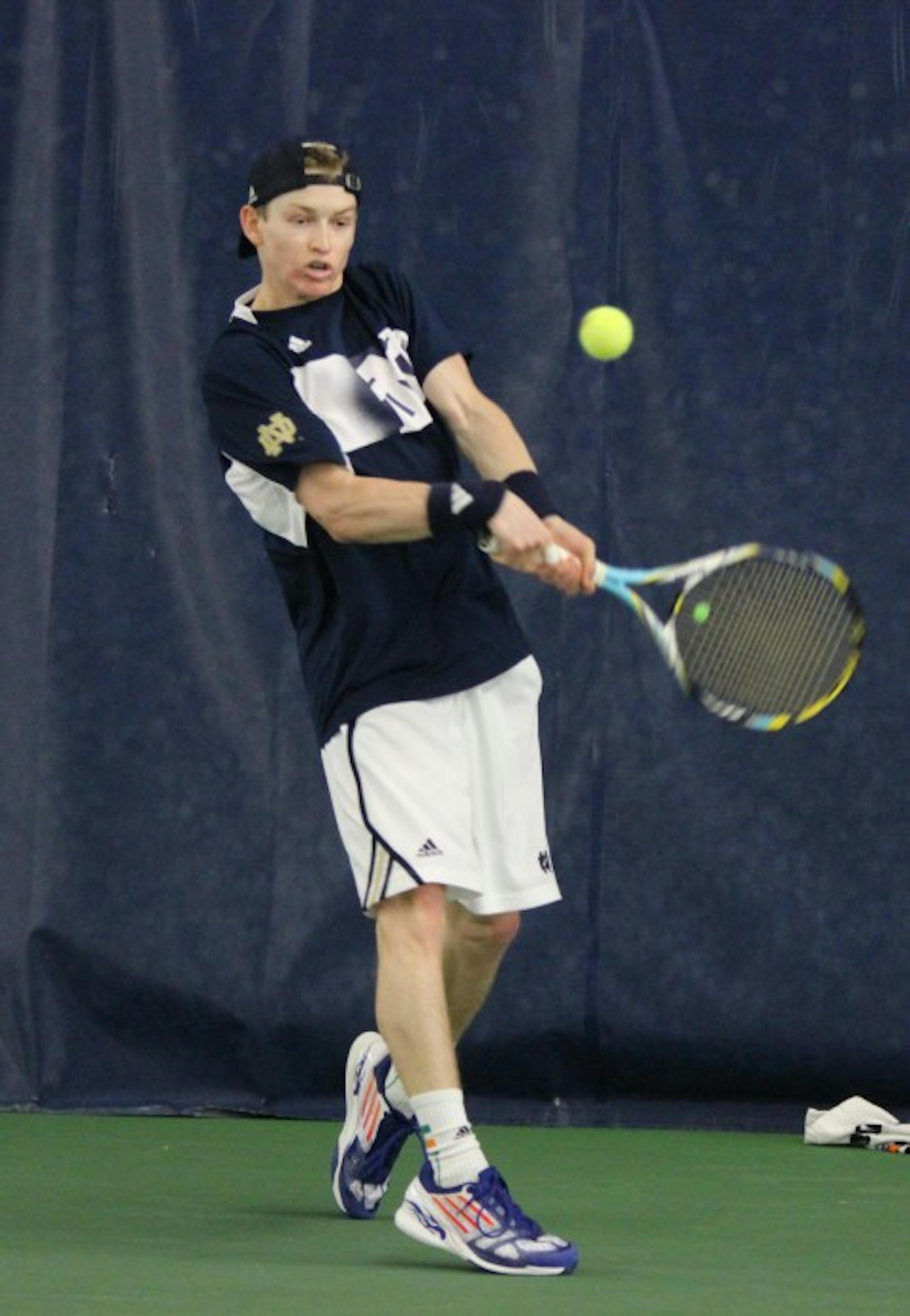 Irish sophomore Josh Hagar returns a backhand against Ohio State on Feb. 22 at the Eck Tennis Pavilion. Notre Dame lost the match 4-2.