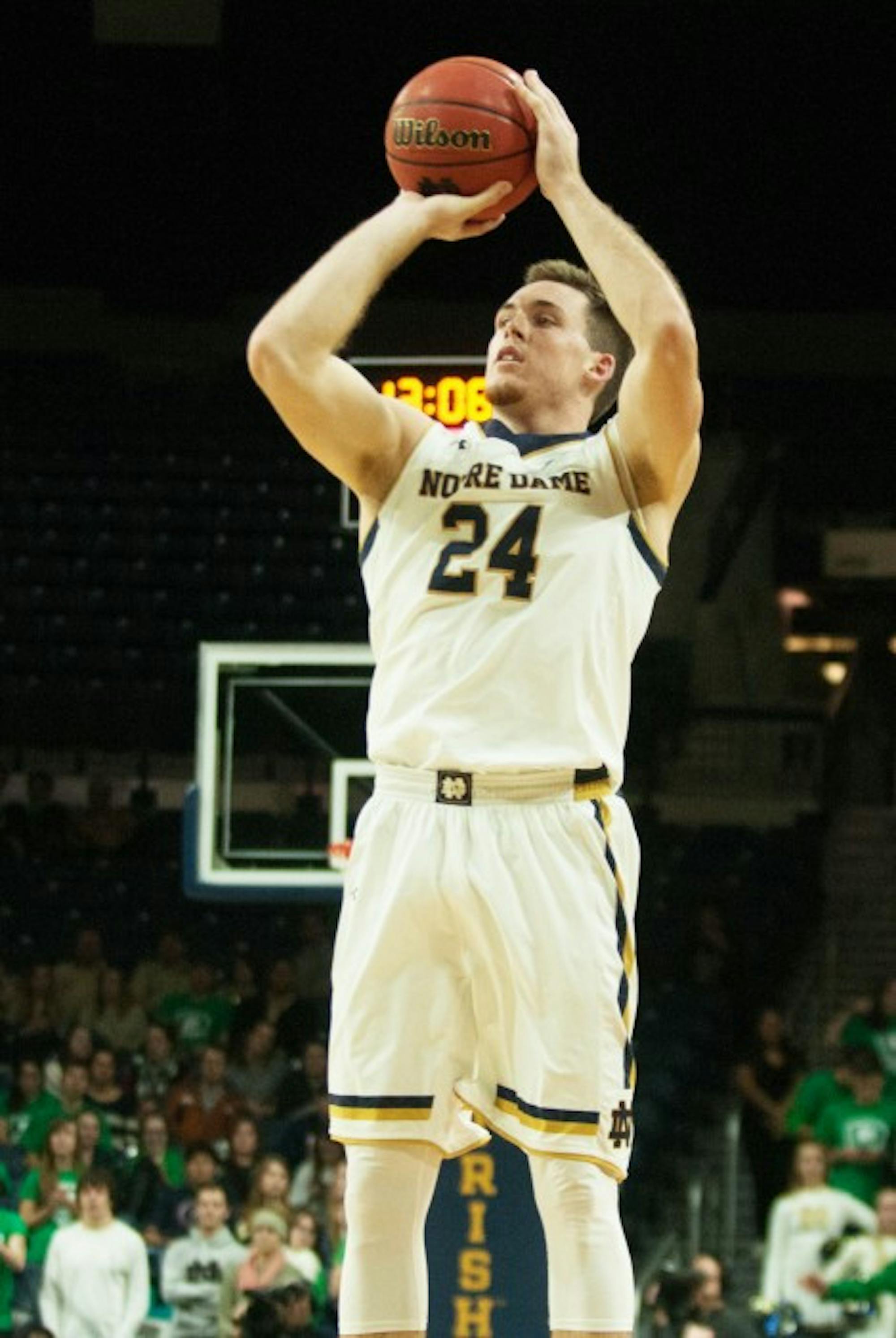 Irish senior guard/forward Pat Connaughton takes a jump shot during Notre Dame’s 75-57 win over Farleigh Dickinson at Purcell Pavilion on Saturday night. Connaughton led all scorers with 19 points Saturday, shooting 8-of-13 from the field.