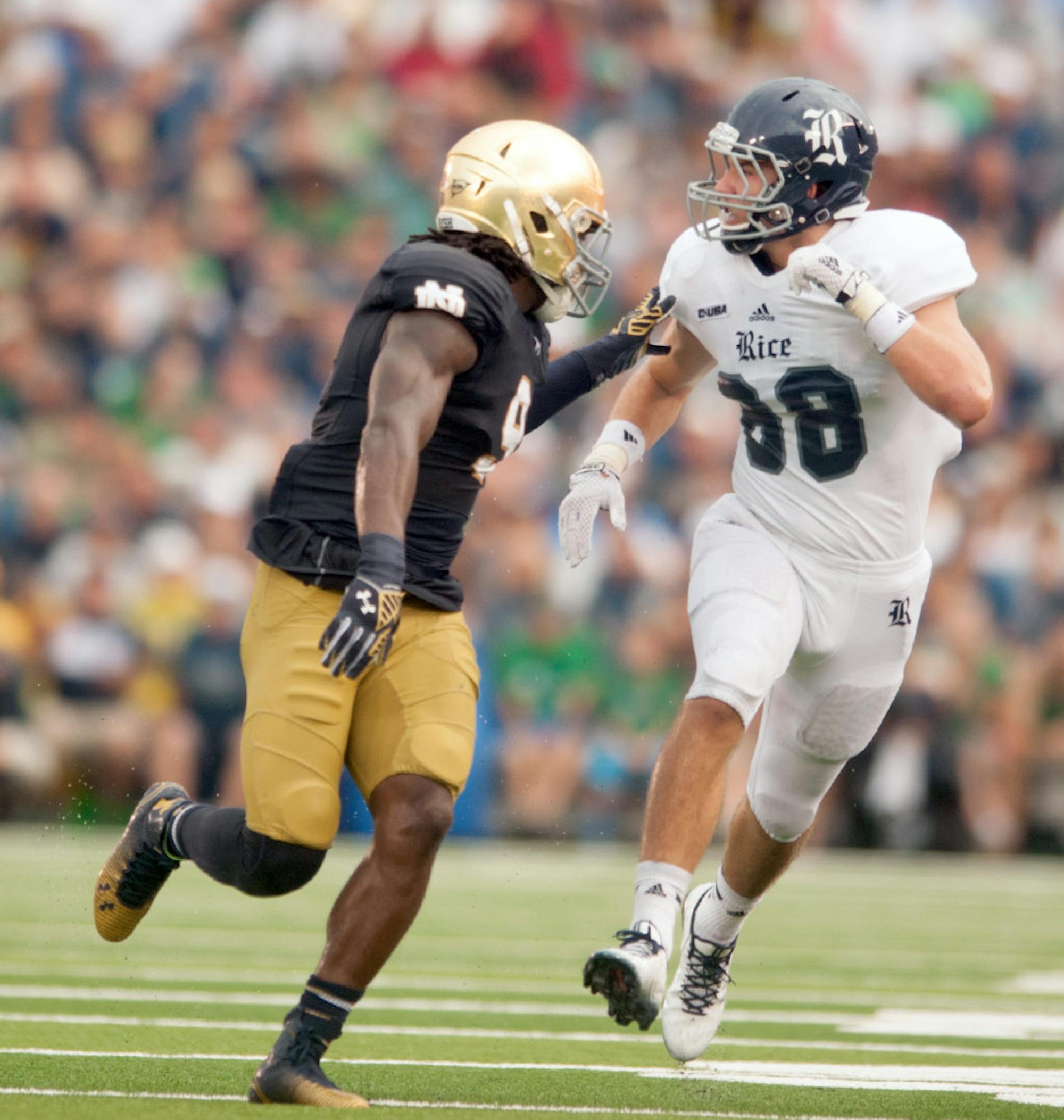 Irish sophomore linebacker Jaylon Smith, pictured here against Rice, said Notre Dame will rely on its “next-man-in” philosophy after senior linebacker Joe Schmidt suffered a season-ending ankle injury.