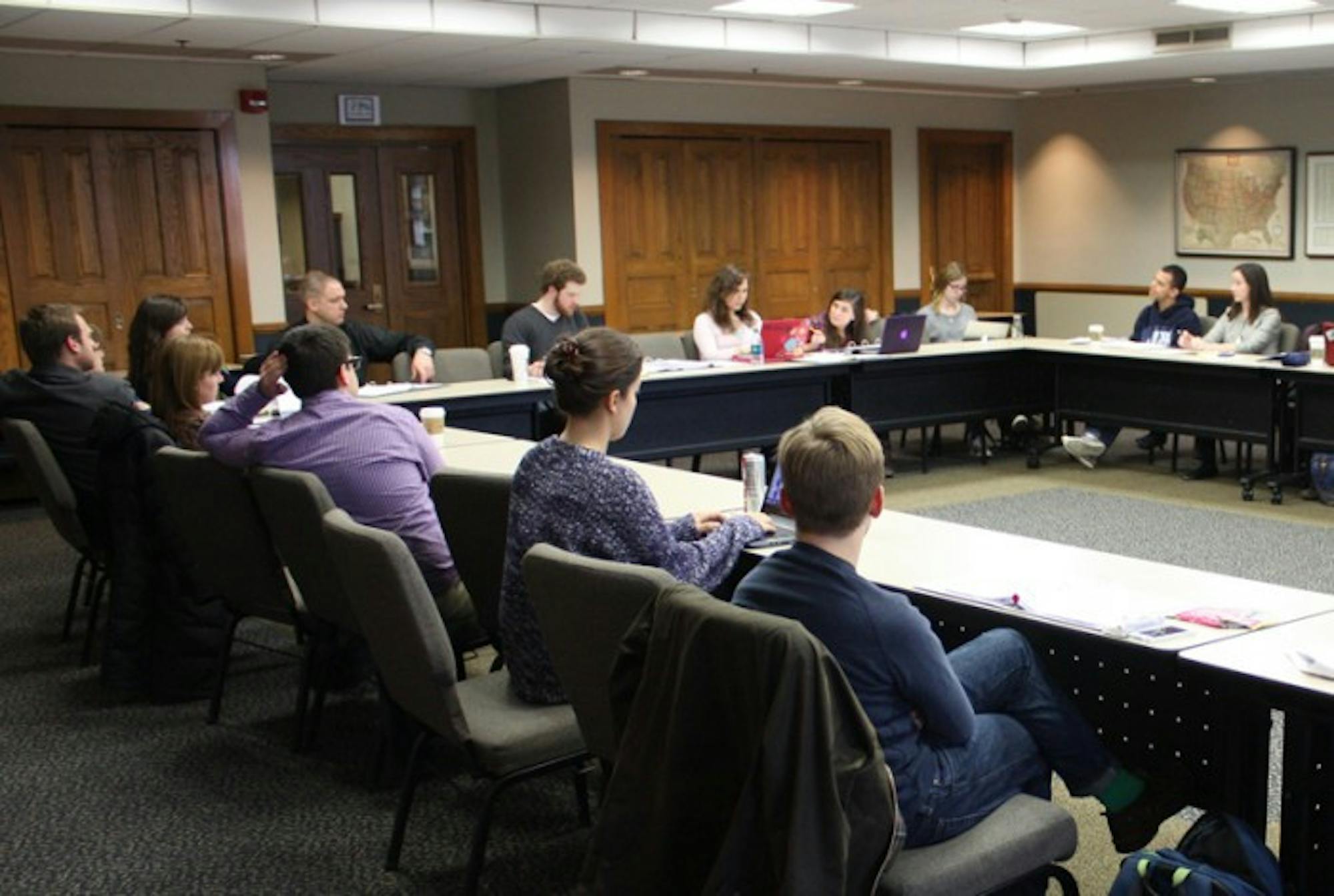 Members of the Campus Life Council (CLC) meet in the Notre Dame Room of the LaFortune Student  Center on Monday afternoon. The CLC moved to institute a prayer service after sexual assault reports.