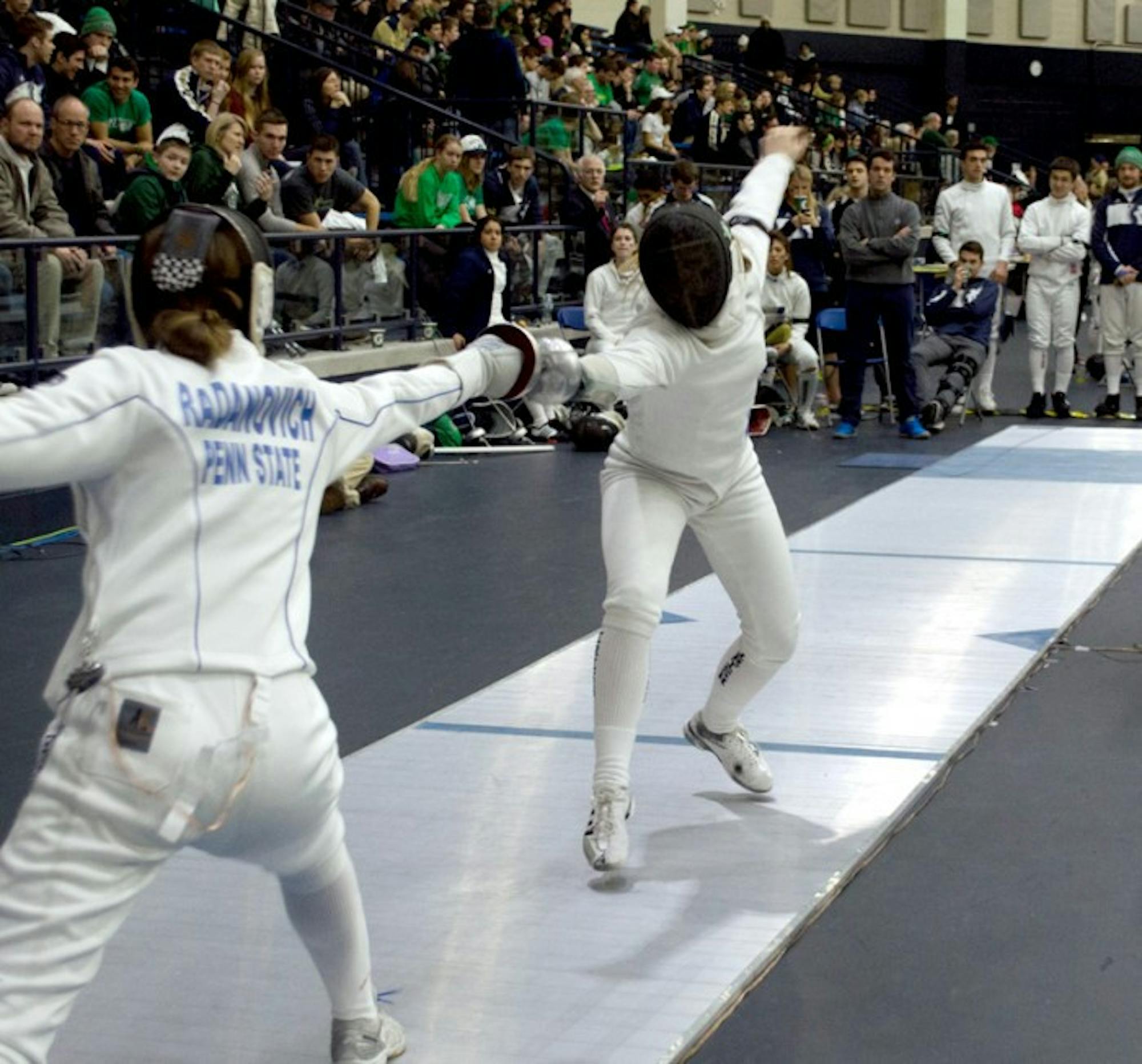 Irish sophomore foilist Lee Kiefer lunges for a point during the DeCicco Duals at the JACC on Feb. 8.