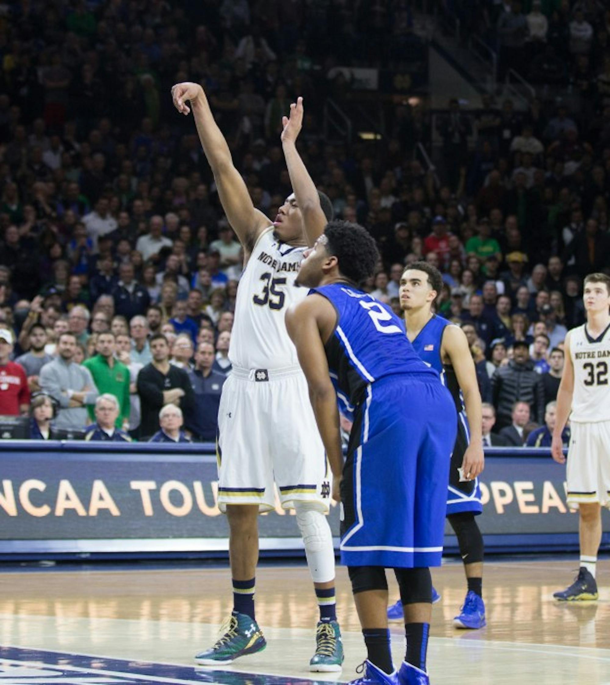 Freshman forward Bonzie Colson shoots a free throw during Notre Dame’s 77-73 win over Duke on Jan.28 at Purcell Pavilion.