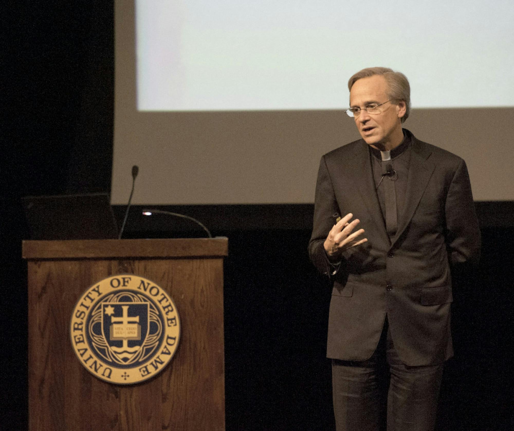 University President Fr. John Jenkins speaks at a town hall meeting last June. The Board of Trustees re-elected Jenkins to his third five-year term Friday at their winter meeting in Naples, Florida.