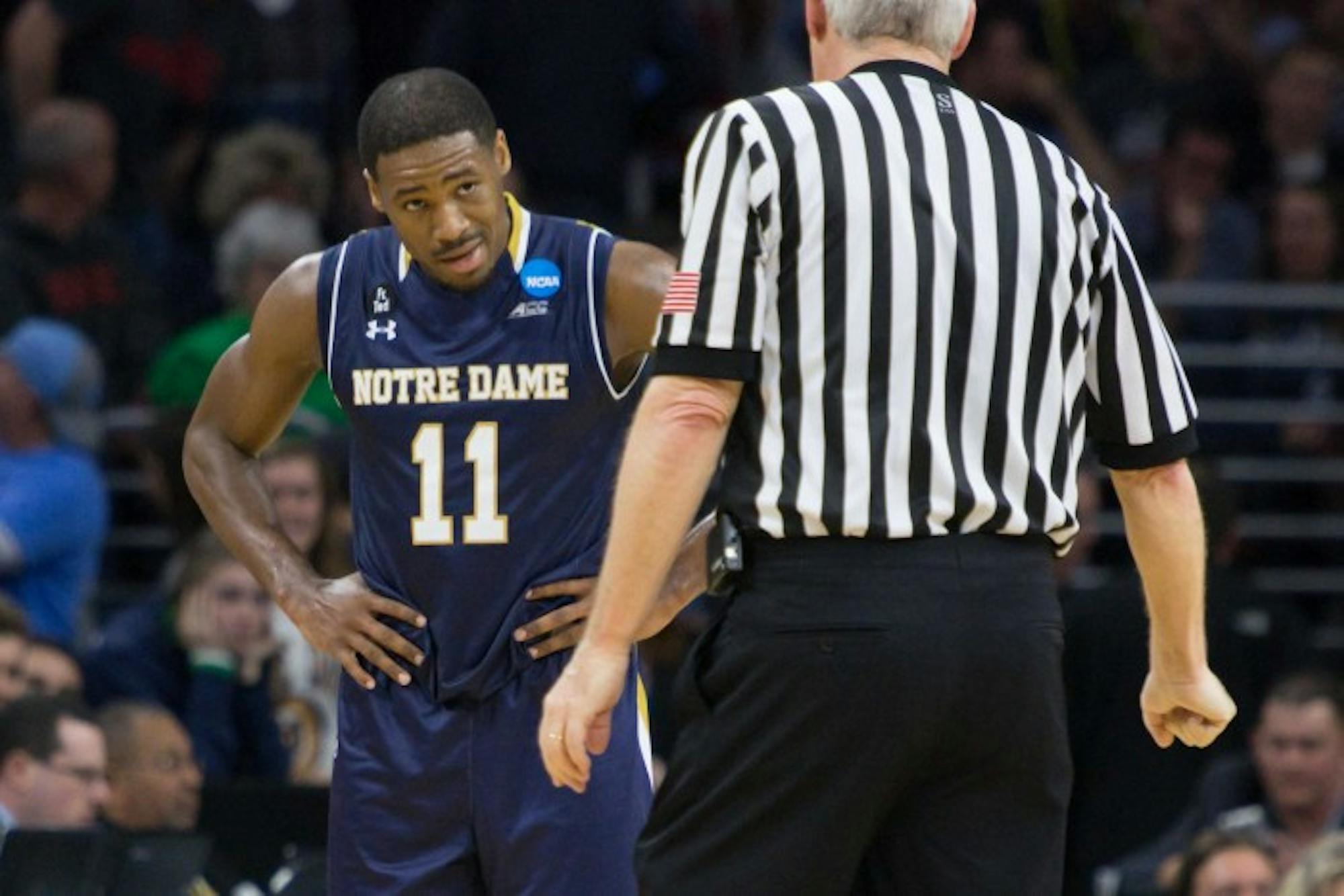 Irish junior guard Demetrius Jackson pleads his case to an official in the waning seconds of Notre Dame's 88-74 loss to North Carolina on Sunday night.