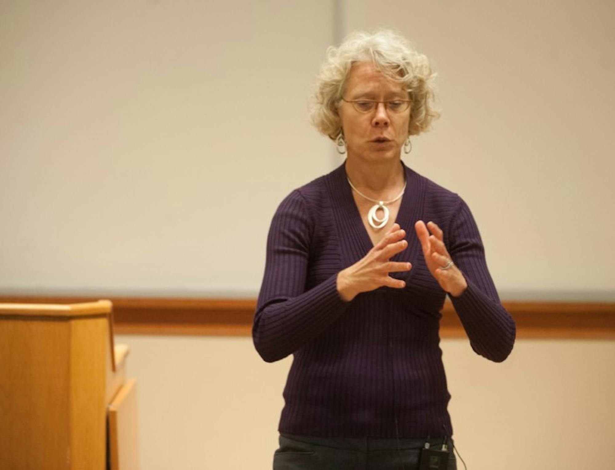Meg Penrose, a professor at Texas A&M and Notre Dame law graduate, reflects on her experiences as a lawyer for people on death row at a lecture in Eck Hall of Law on Wednesday evening.