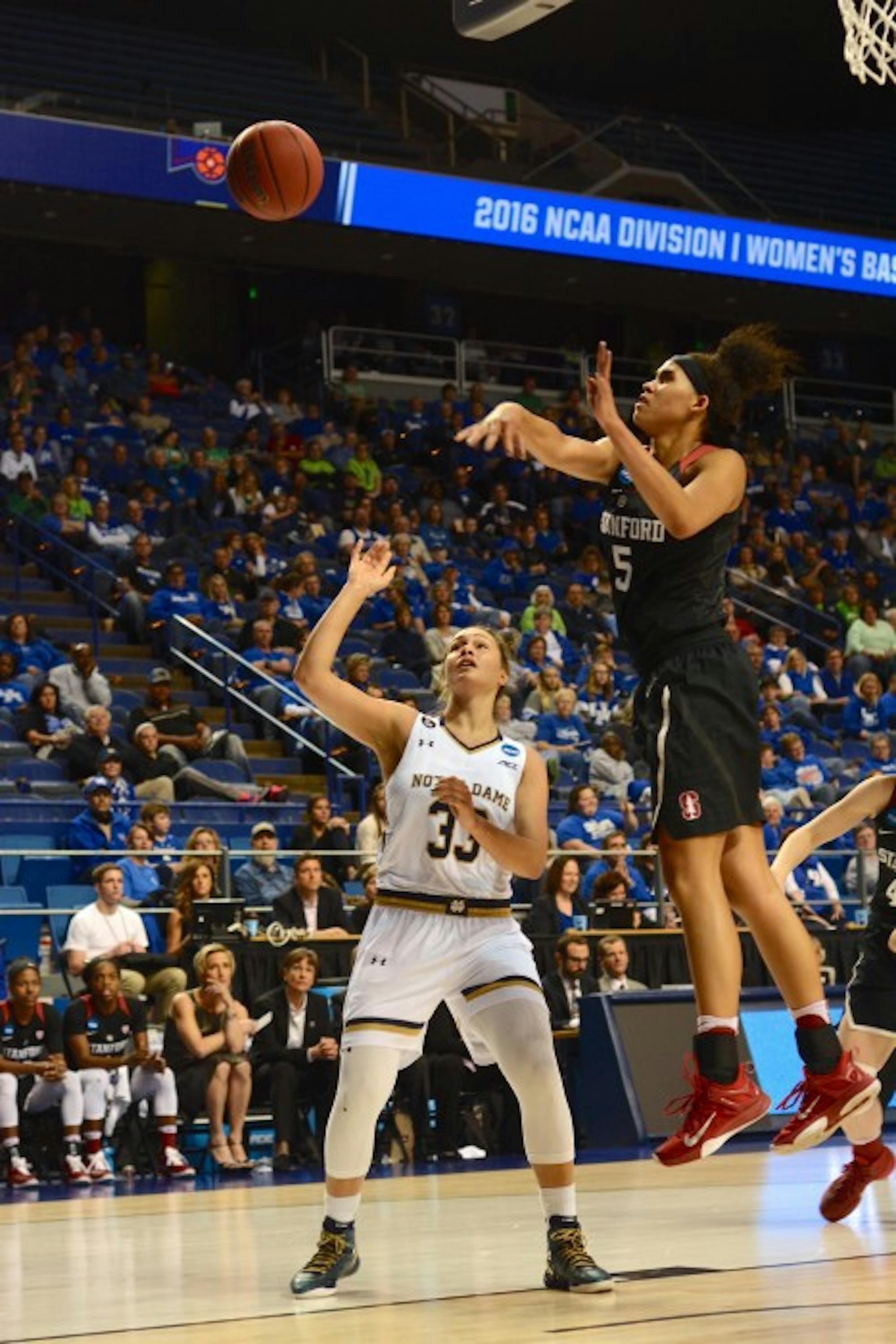 Irish sophomore forward Kathryn Westbeld has her shot blocked during Notre Dame's 90-84 loss to Stanford in the third round of the NCAA tournament Friday night.
