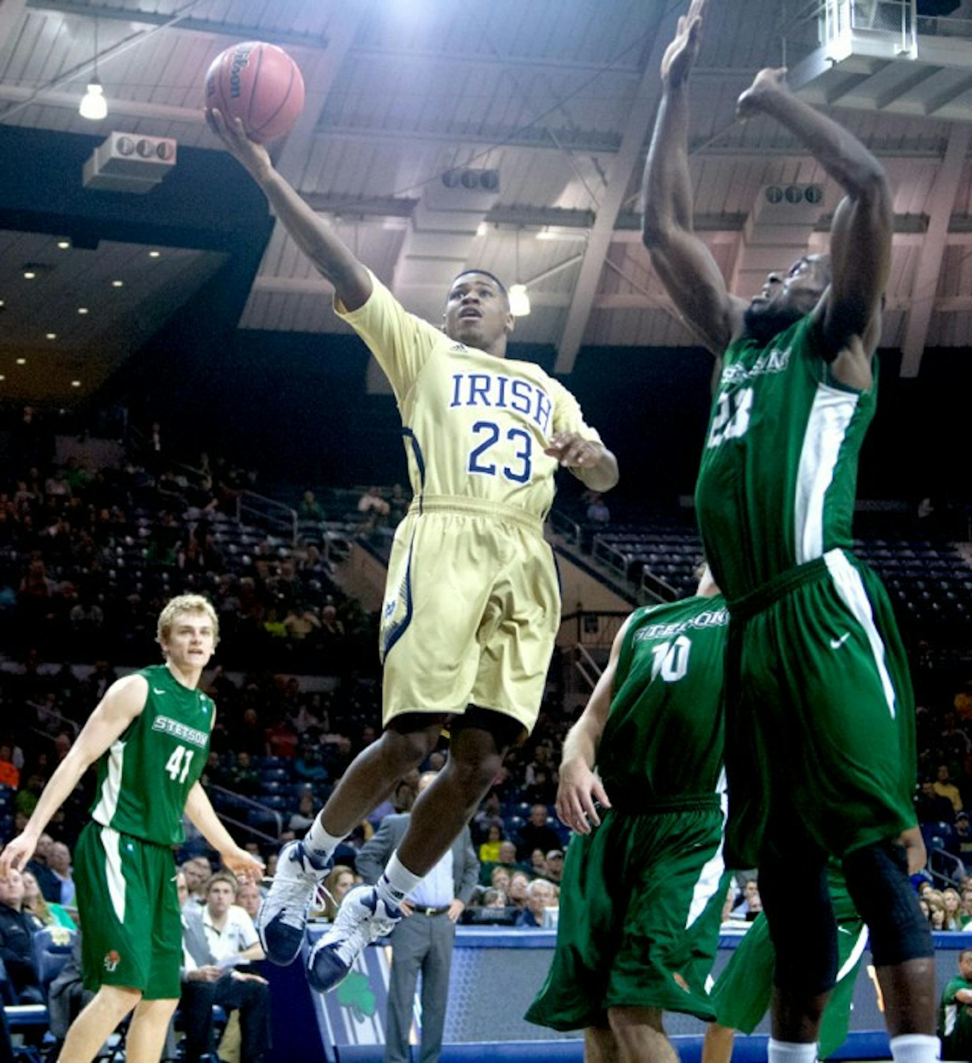 Freshman guard Demetrius Jackson stretches for a layup in Notre Dame’s 80-49 victory against Stetson on Nov. 10 at Purcell Pavilion.