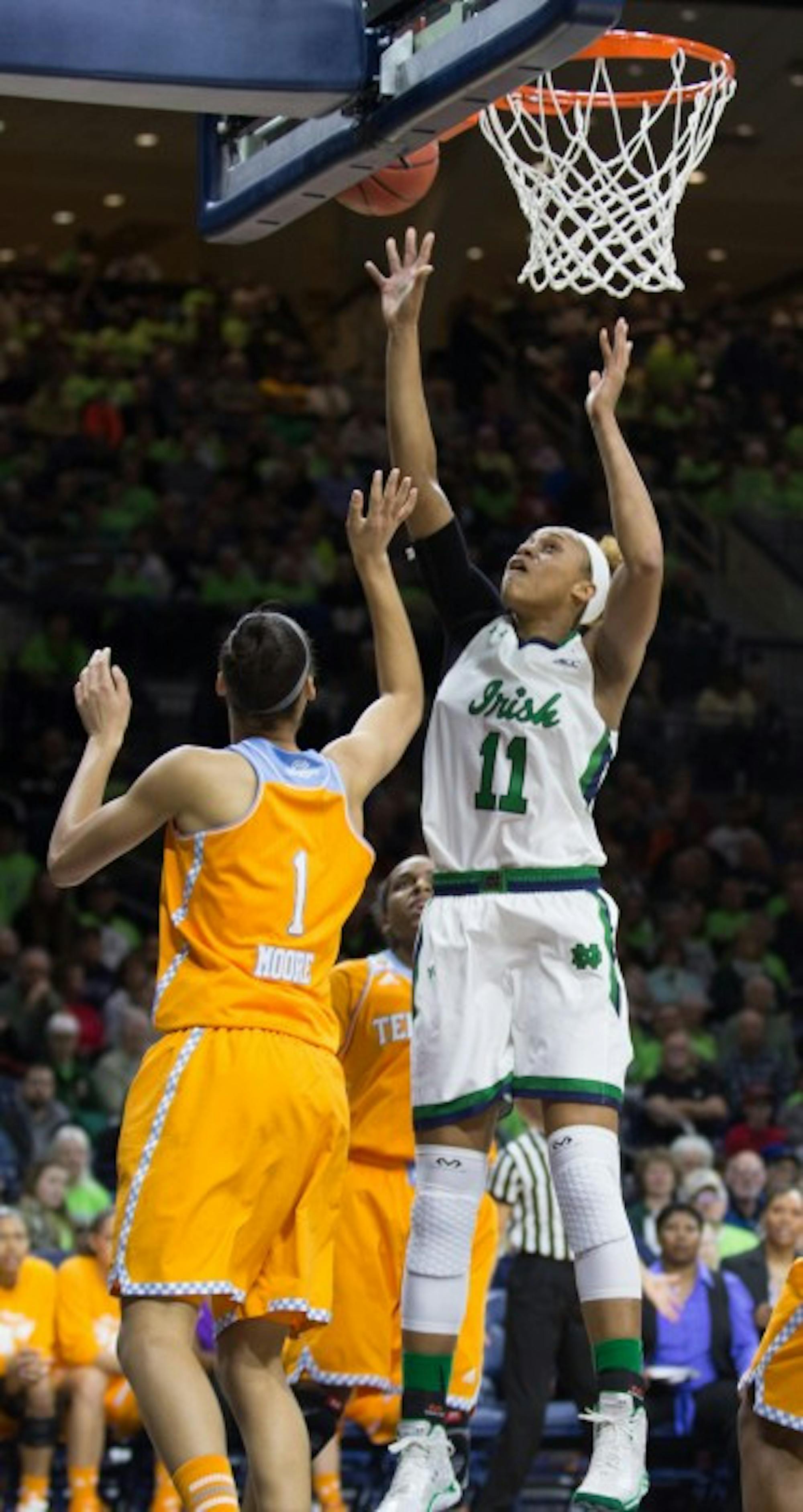 Irish freshman forward Brianna Turner goes up for a layup in Notre Dame’s 88-77 win over Tennessee on Monday at Purcell Pavilion.