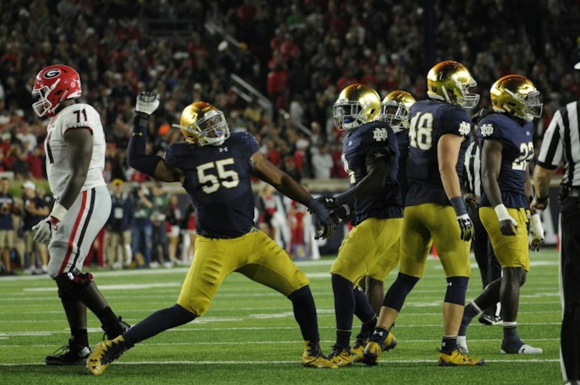 Irish senior defensive lineman Jonathan Bonner celebrates after a sack during Notre Dame's 20-19 loss to Georgia on Saturday at Notre Dame Stadium.