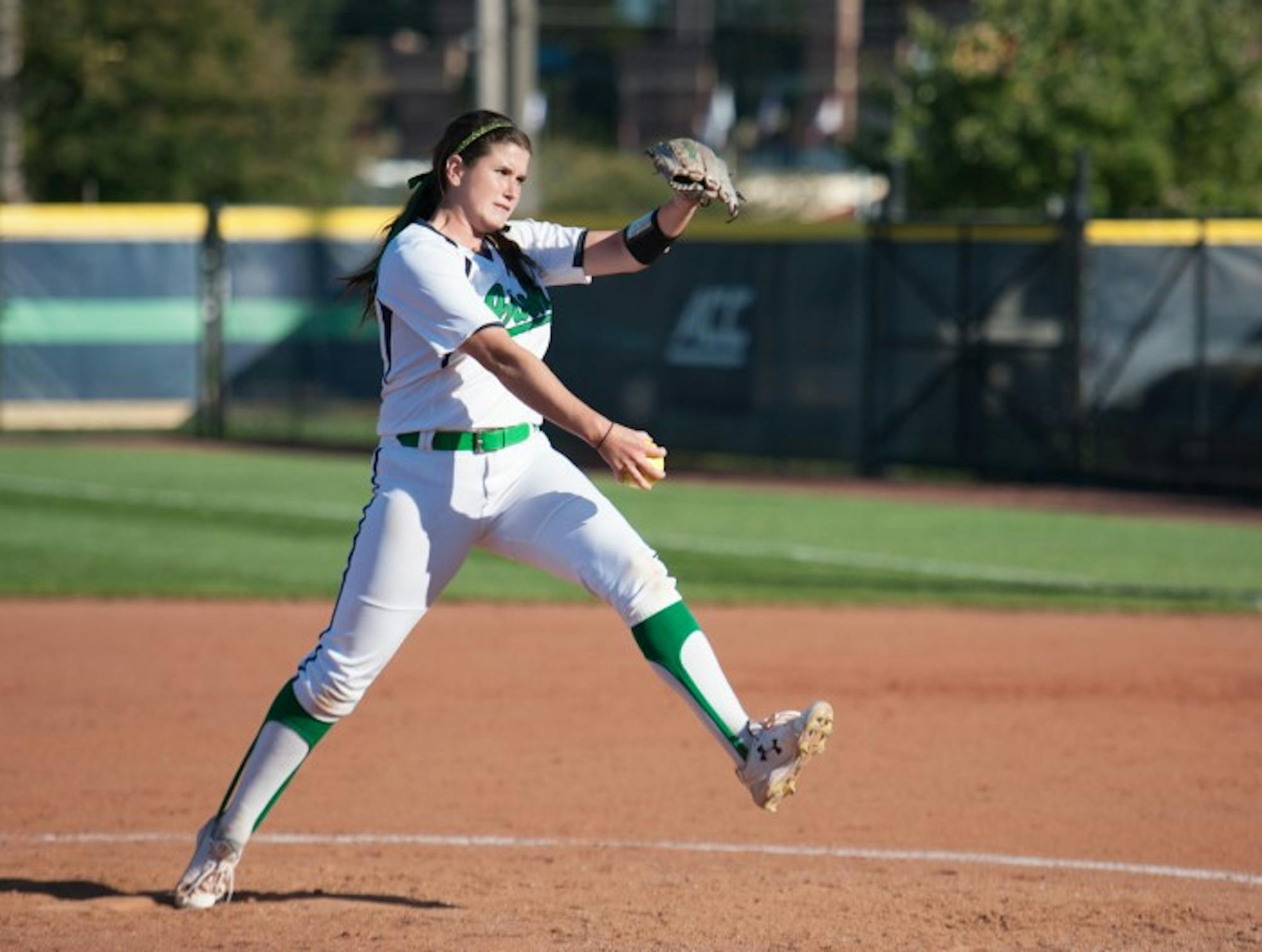 Irish senior pitcher Rachel Nasland tosses a pitch during Notre Dame’s exhibition game against Illinois State on Oct. 9.