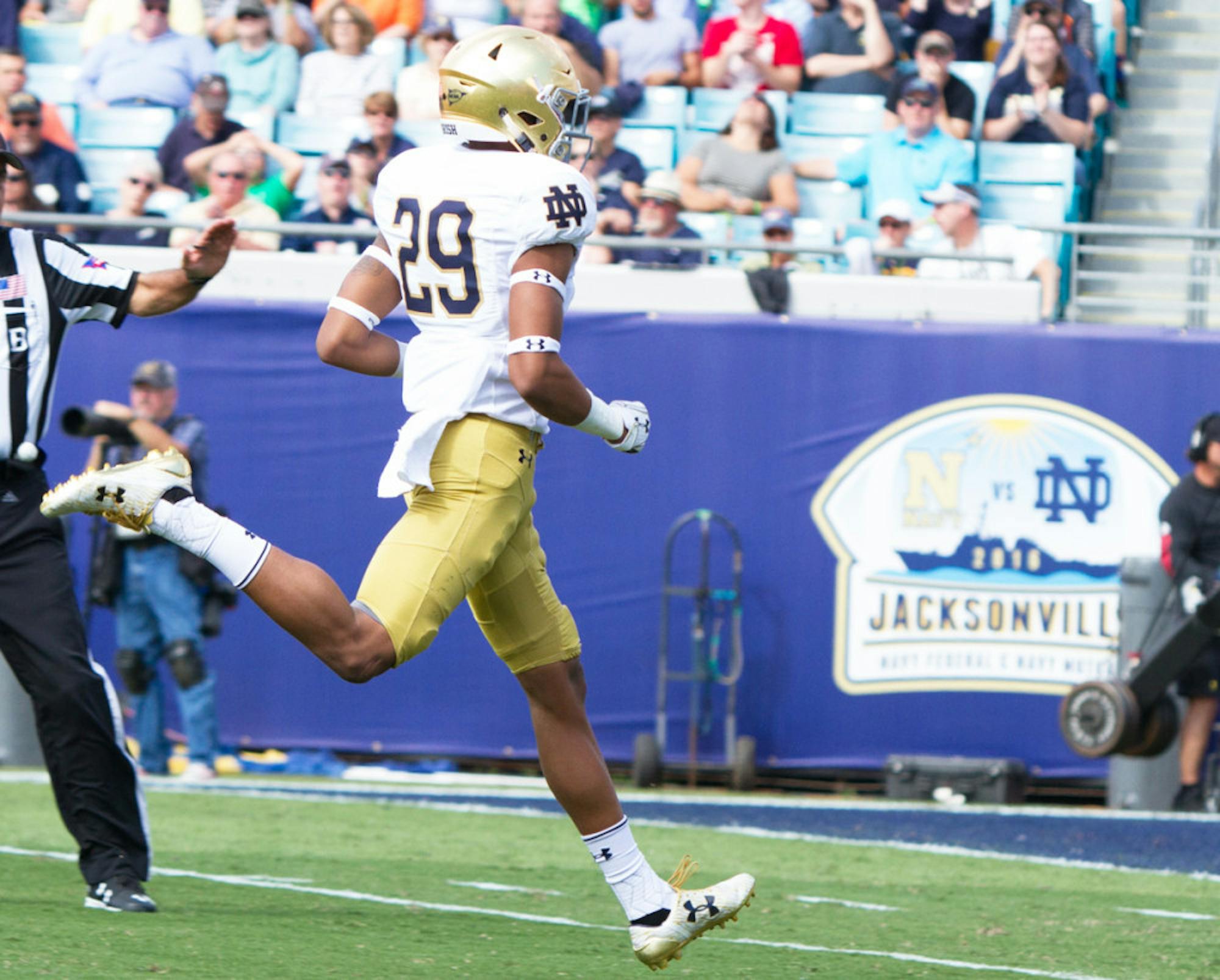 Irish sophomore receiver Kevin Stepherson runs toward the endzone during Notre Dame's 28-27 loss to Navy on Nov. 5 at EverBank Field in Jacksonville, Florida.