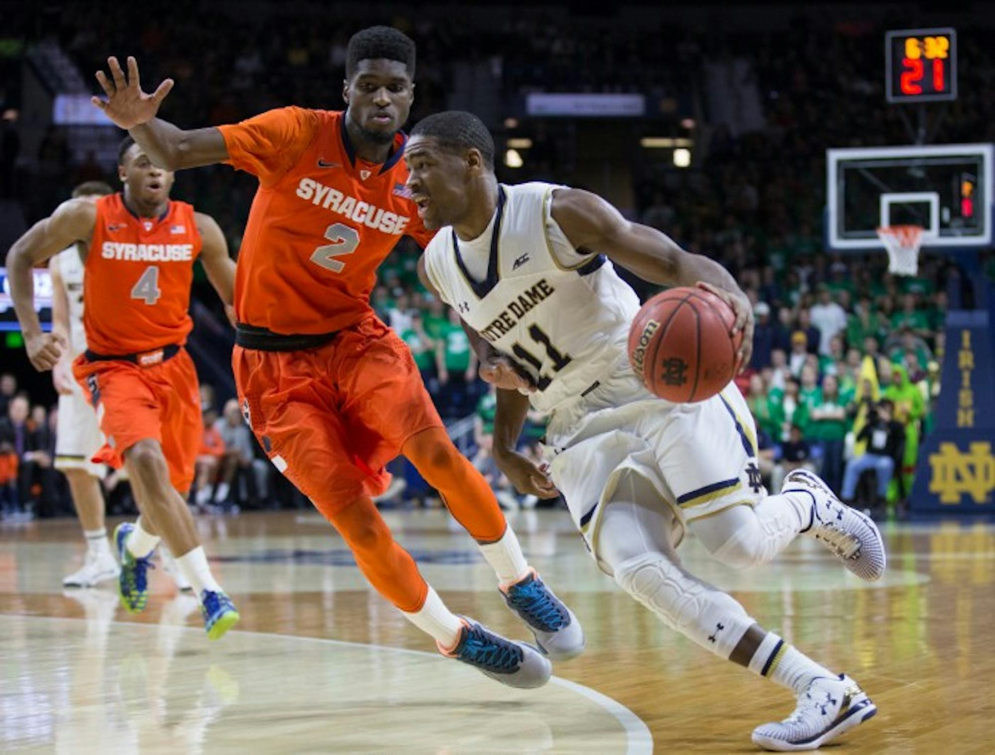 Sophomore guard Demetrius Jackson cuts by a defender in the Irish loss to Syracuse on Tuesday at Purcell Pavilion.