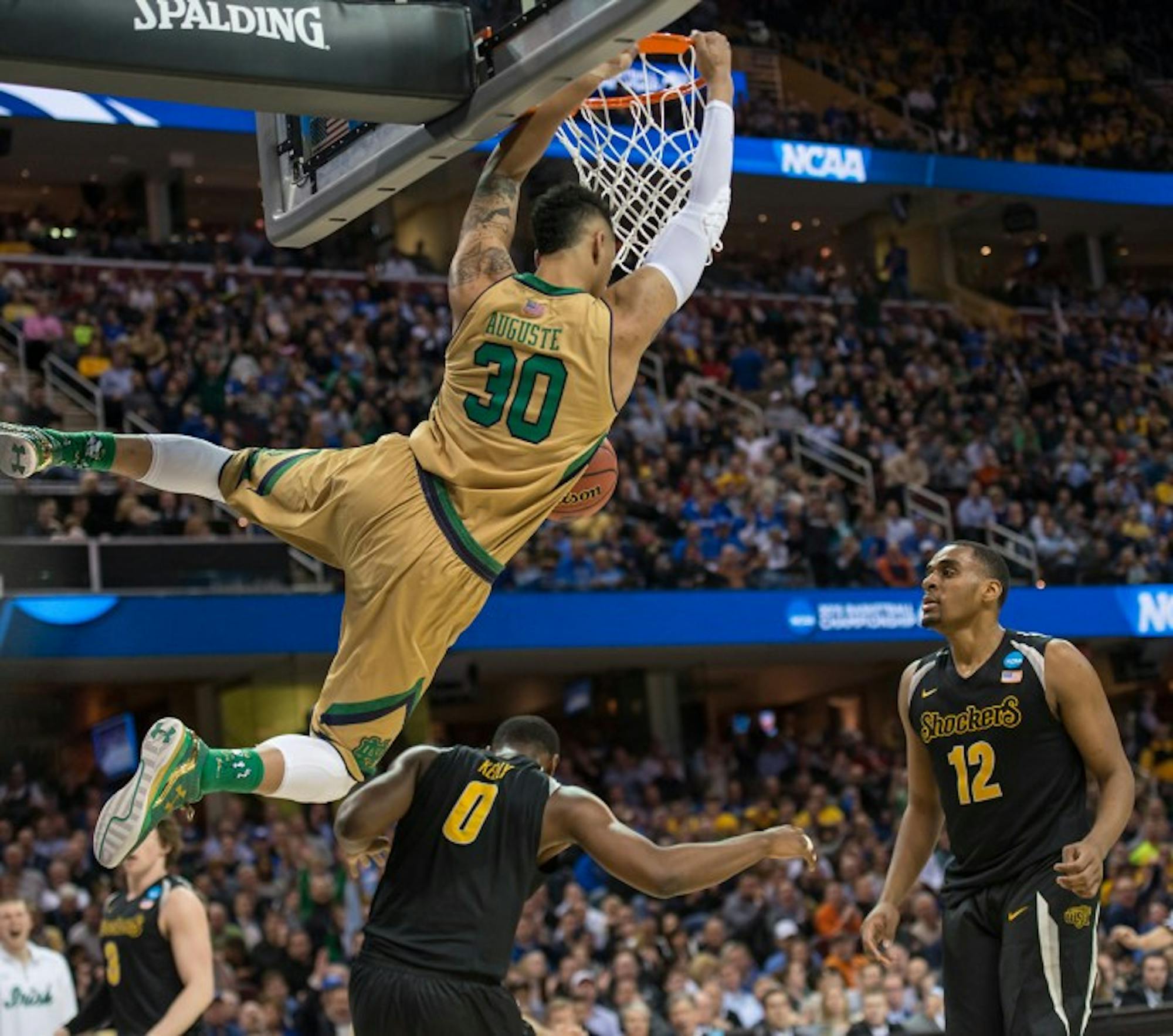 Junior forward Zach Auguste throws down a dunk over Wichita State on Thursday night. Auguste had 15 points in the 81-70 victory.