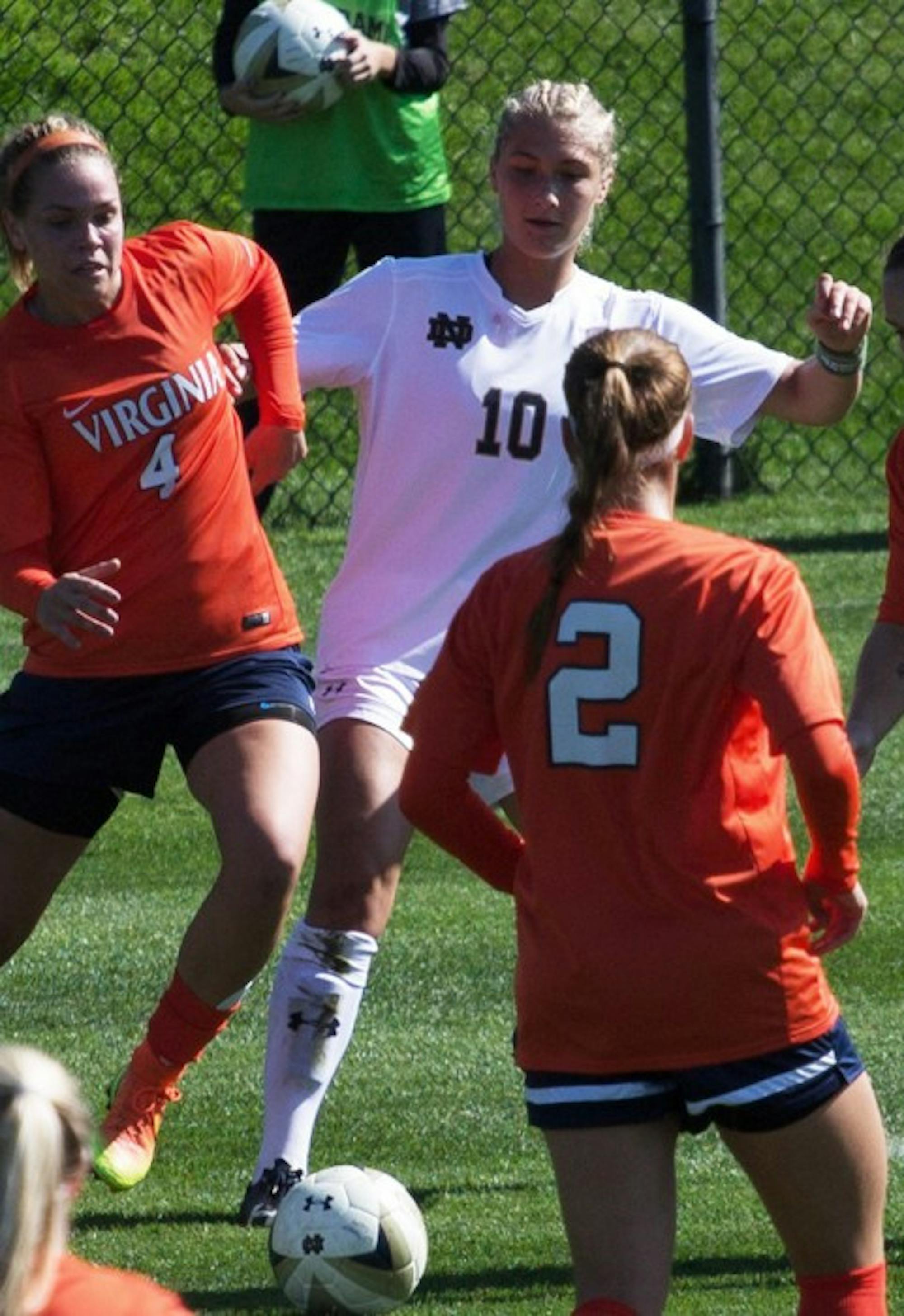 Freshman forward Jennifer Westendorf fights for a ball Notre Dame’s 1-0 loss to Virginia on Sunday.