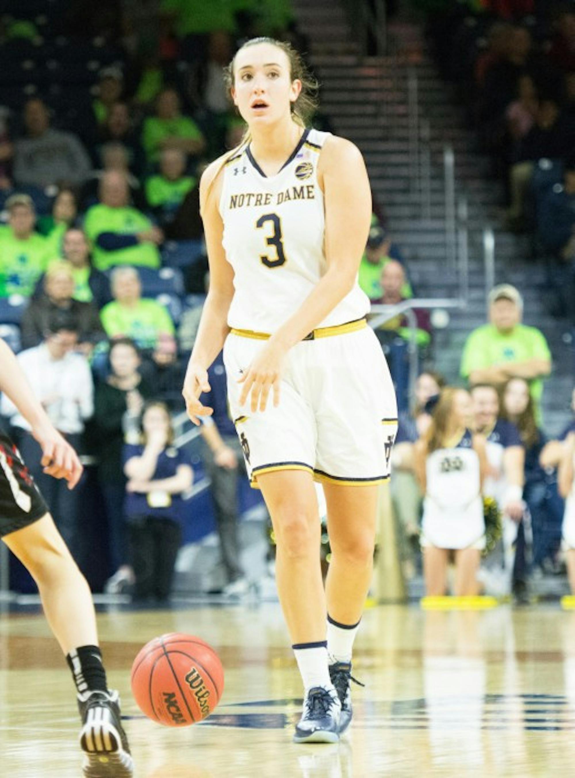 Irish sophomore guard Marina Mabrey brings the ball up the court during Notre Dame’s 129-50 win over Roberts Wesleyan on Nov. 3.
